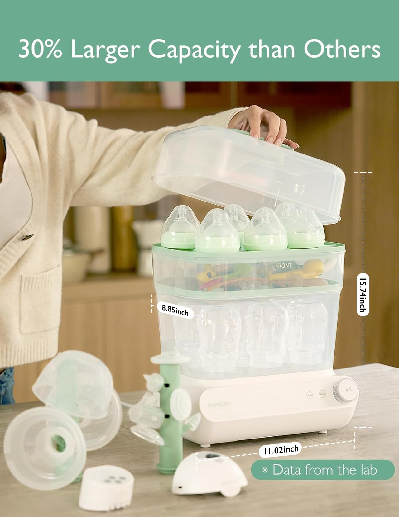 Momcozy 3-in-1 Large Baby Bottle Sterilizer and Dryer | Fast 99.9% Germ Elimination | Universal for All Bottles & Breast Pump Parts | Touch Screen & Auto Shutoff | Perfect for Nursery, Daycare and Travel Use