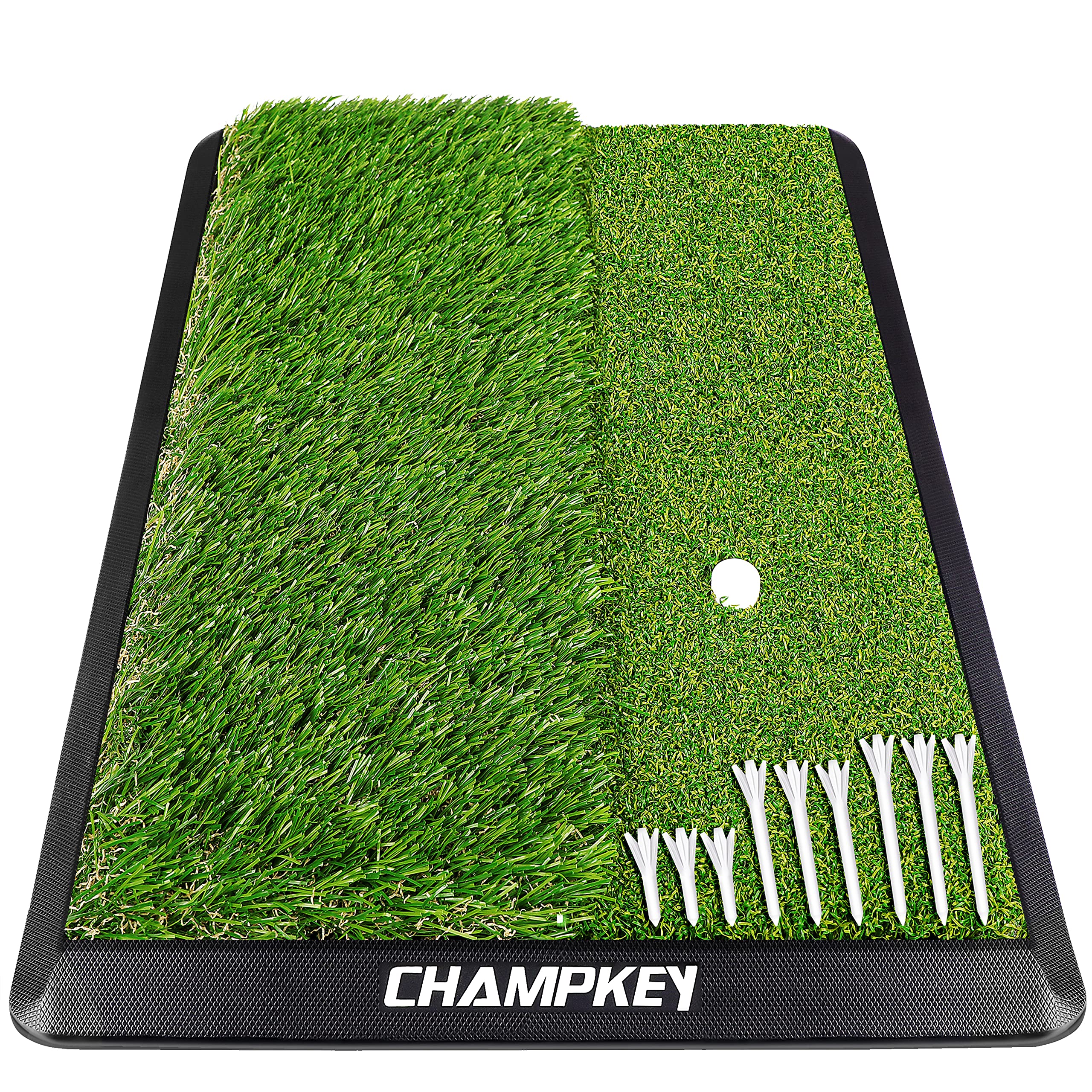 CHAMPKEY Dual-Turf Golf Hitting Mat with 9 Golf Tees & 1 Rubber Tee - Heavy Duty Rubber Backing for Indoor/Outdoor Practice | Perfect for Home, Backyard, Driving Range & Golf Course Training