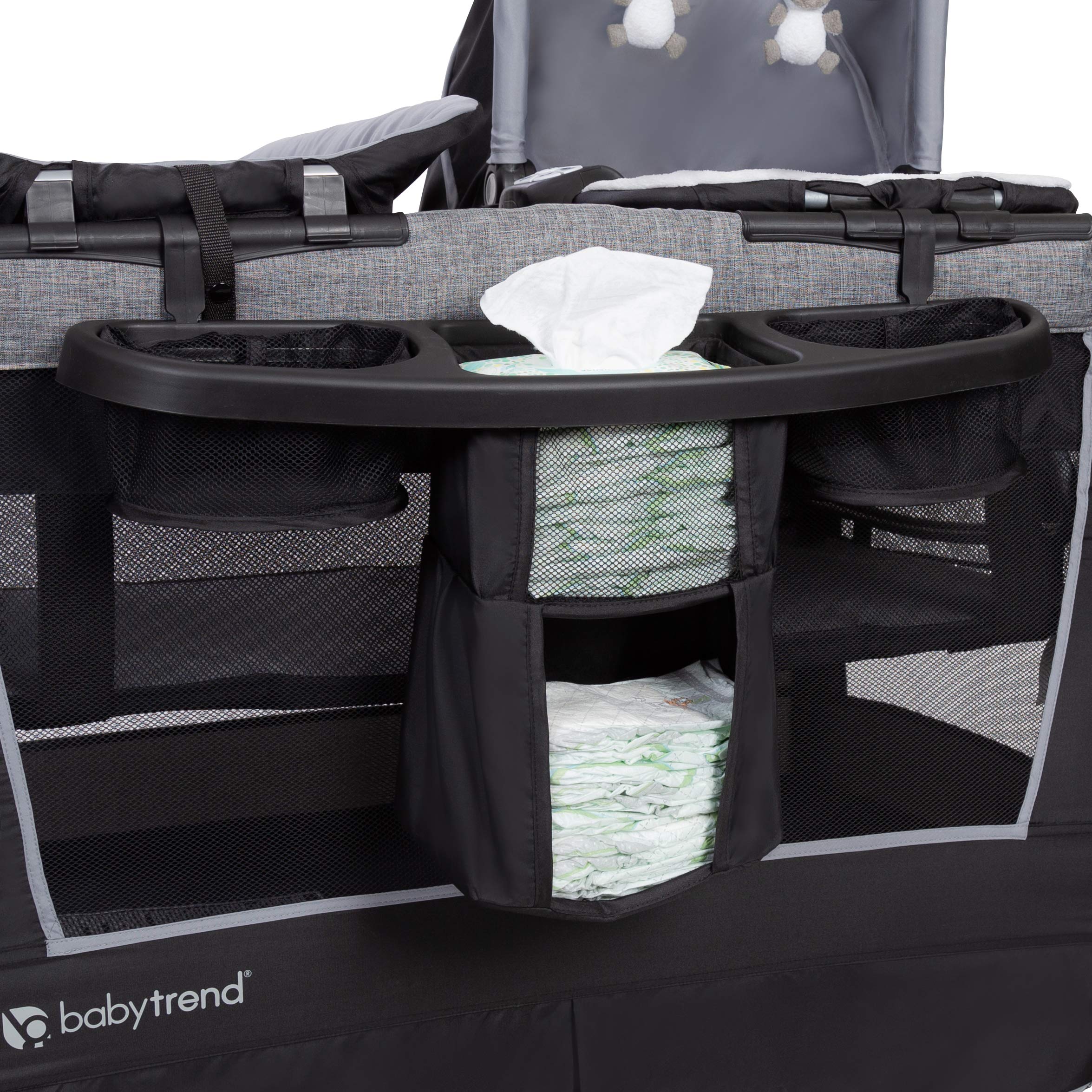 Baby Trend Retreat Twins Nursery Center - Portable Infant Playard with Canopy & Storage, Quarry Grey | Perfect for Twins, Travel, Daycare & Home Use