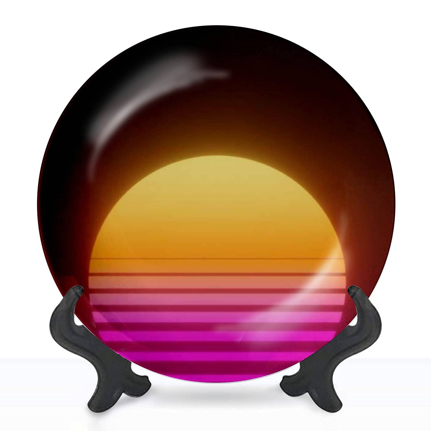 80s Retro Wave Sunset Ceramic Hanging Decorative Plate - 8 Inch Vintage Wall Art for Home, Office, Dining Room & Party Decor - Perfect for Wedding Gifts, Collector's Items & Retro Themed Events