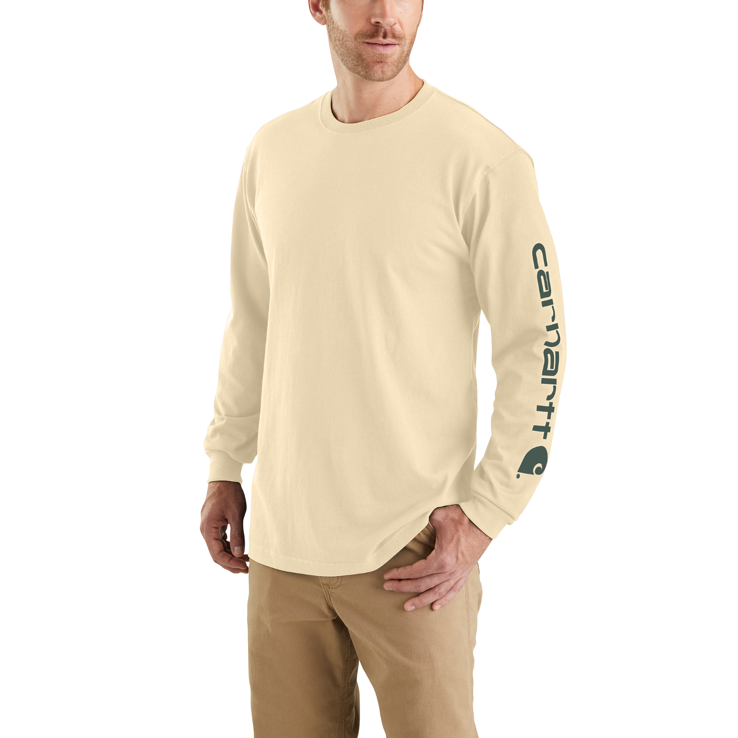 Carhartt Men's Signature Logo Long Sleeve T-Shirt - Comfortable Cotton Crewneck Tee for Work & Casual Wear | Oat Milk Color | Durable Workwear for Construction, Outdoor & Everyday Use