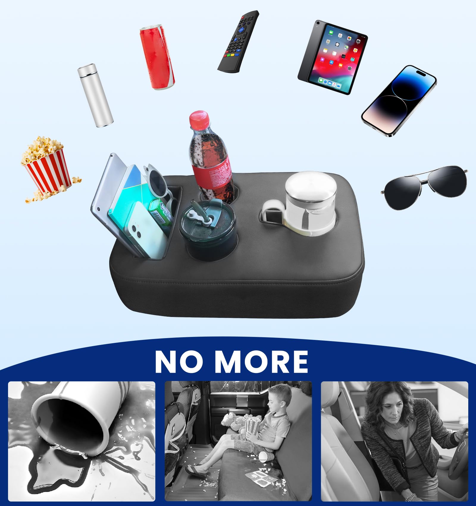 Premium Car Cup Holder Organizer - Back Seat PU Leather Drink Tray for Vehicles (Trucks, SUVs, Minivans, RVs) with Snack & Remote Storage - Perfect for Road Trips, Camping & Family Travel