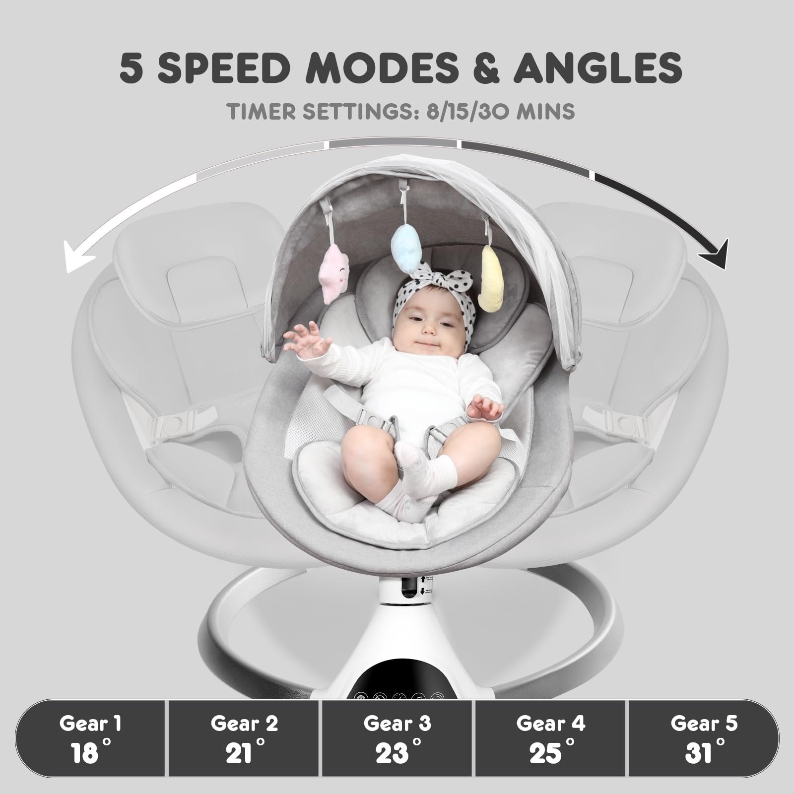 HARPPA Electric Baby Swing for Infants 0-12 Months, Portable Automatic Rocker with Bluetooth Music & 12 Soothing Lullabies - Perfect for Nursery, Bedtime & Travel (Grey)