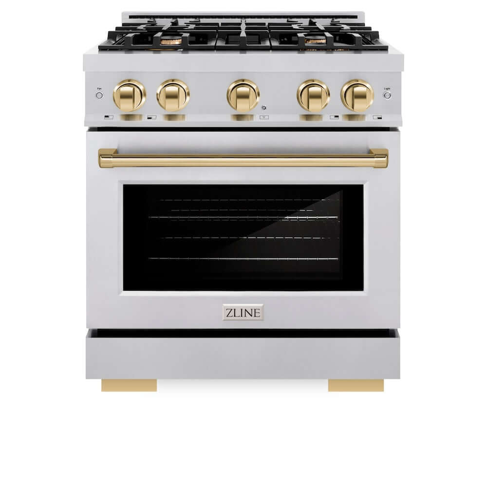 ZLINE Autograph Edition 30-inch 4.2 cu. ft. Gas Range with 4 Burner Cooktop & Convection Oven - Stainless Steel with Polished Gold Accents (HGRZ 30 G) - Perfect for Modern Kitchens & Professional Cooking
