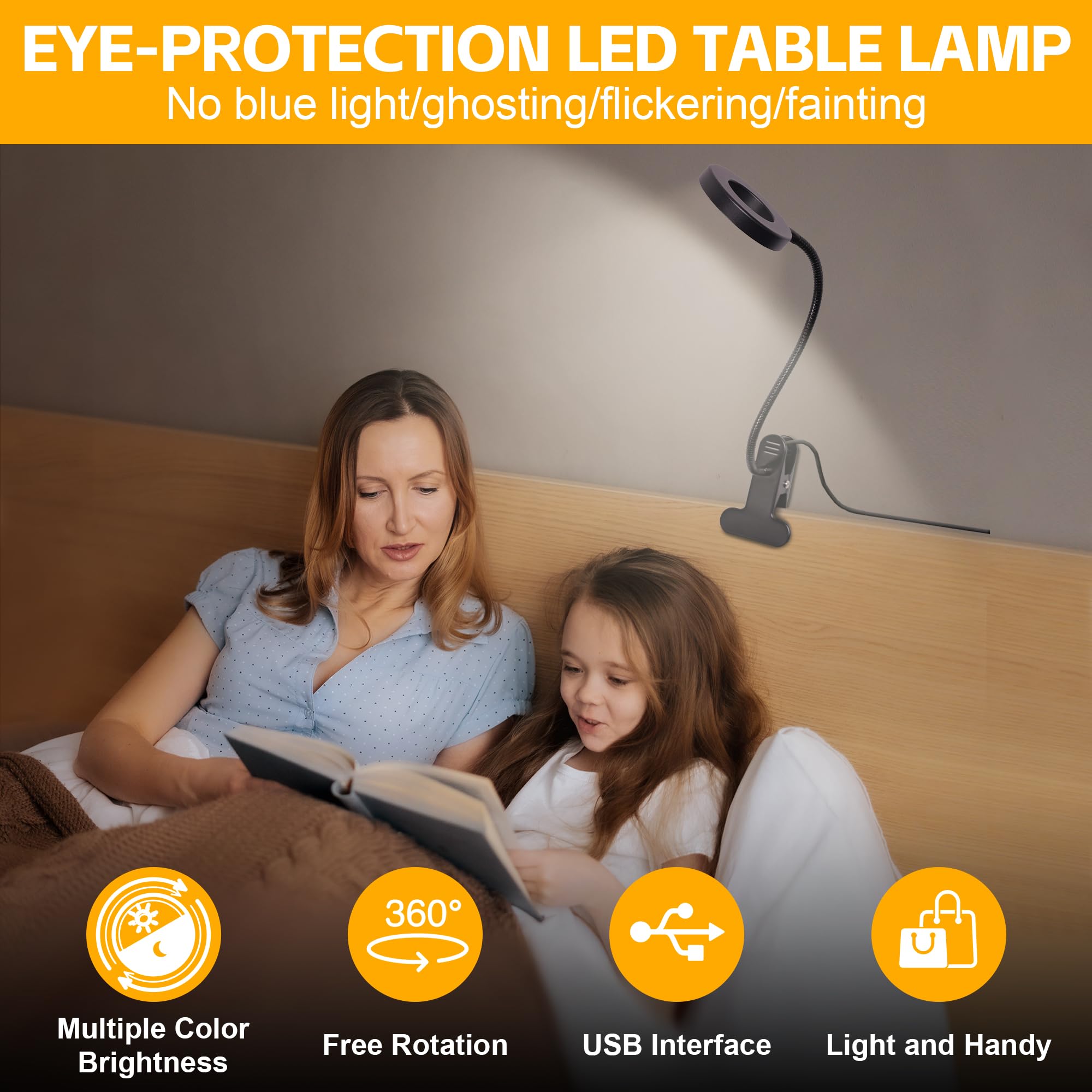Foneso 48 LED USB Clip On Desk Lamp - 3 Color Modes & 10 Brightness Levels, 360° Adjustable Gooseneck Eye Protection Light for Reading, Studying, Makeup, Office Work, and Nightstand Use