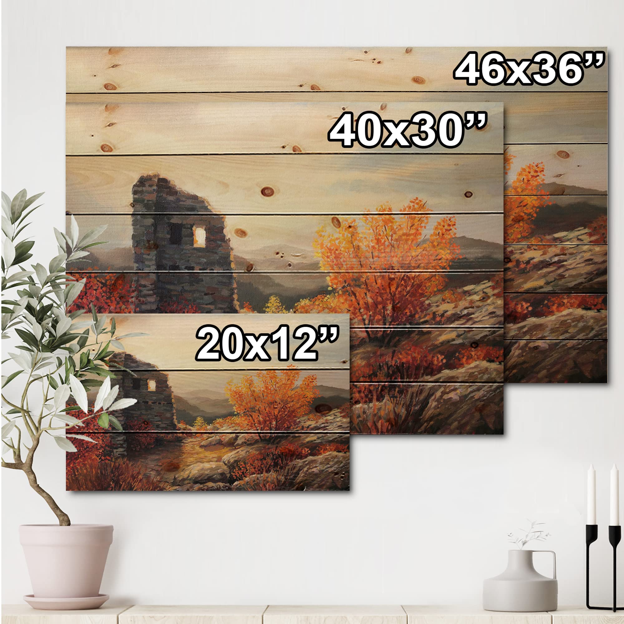 DesignQ Old Fortress Ruins Sunset Farmhouse Wood Wall Decor - Orange Landscape Wall Art - Large Pine Wood Wall Panels - Rustic Home & Office Decor for Living Room, Bedroom, Dining Room