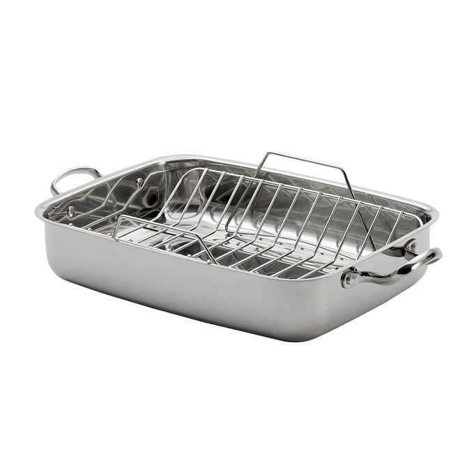 LAGOSTINA Ambiente Roasting Pan with Rack - Stainless Steel Roaster with V-Rack for Turkey, Chicken & Meat - Blemished Packaging with Full Warranty - Perfect for Holiday Cooking, Family Dinners & Entertaining (Model L853914600)