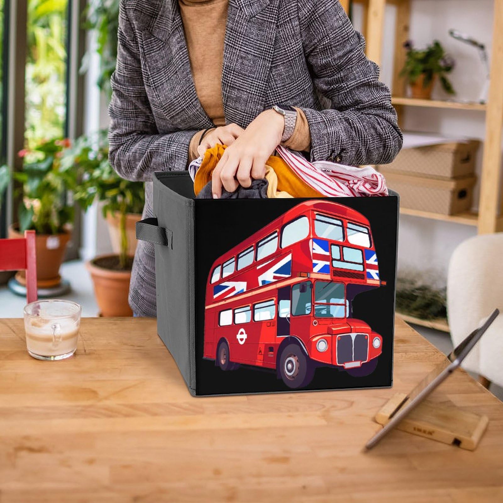 London UK Red Double Decker Bus Folding Storage Bins - 4 Pack Collapsible Organizer Baskets with Handles for Kids Room, Bathroom & Office Organization