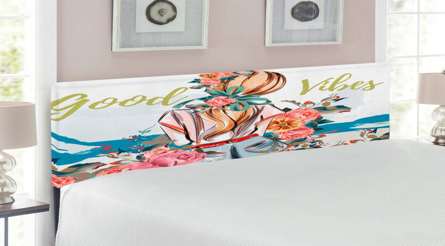 Ambesonne King Size Upholstered Headboard with Memory Foam - Abstract Floral Design Featuring Young Girl with Roses, Decorative Metal Bed Frame for Girls' Bedroom, Teen Room or Master Suite