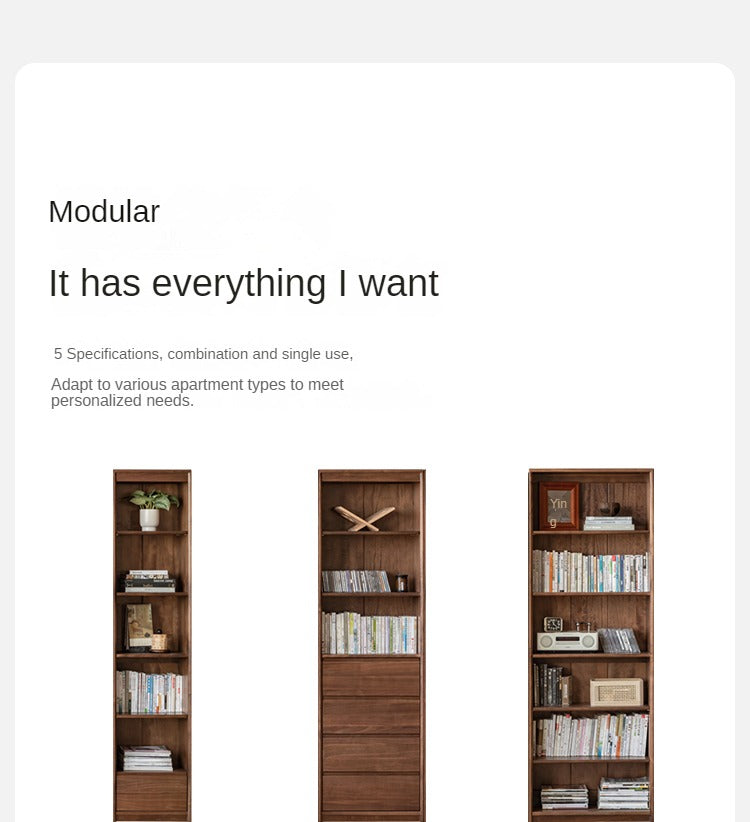 Black Walnut Solid Wood Bookcase - Free Standing Adjustable Bookshelf for Living Room, Office & Study | Modern Home Storage Furniture
