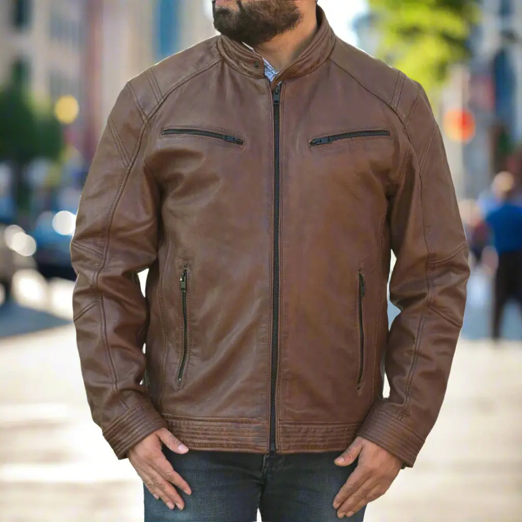 Men's Snap Collar Leather Jacket - Classic Biker Style Jacket for Men | Genuine Leather Motorcycle Jacket | Perfect for Riding, Casual Wear & Outdoor Activities