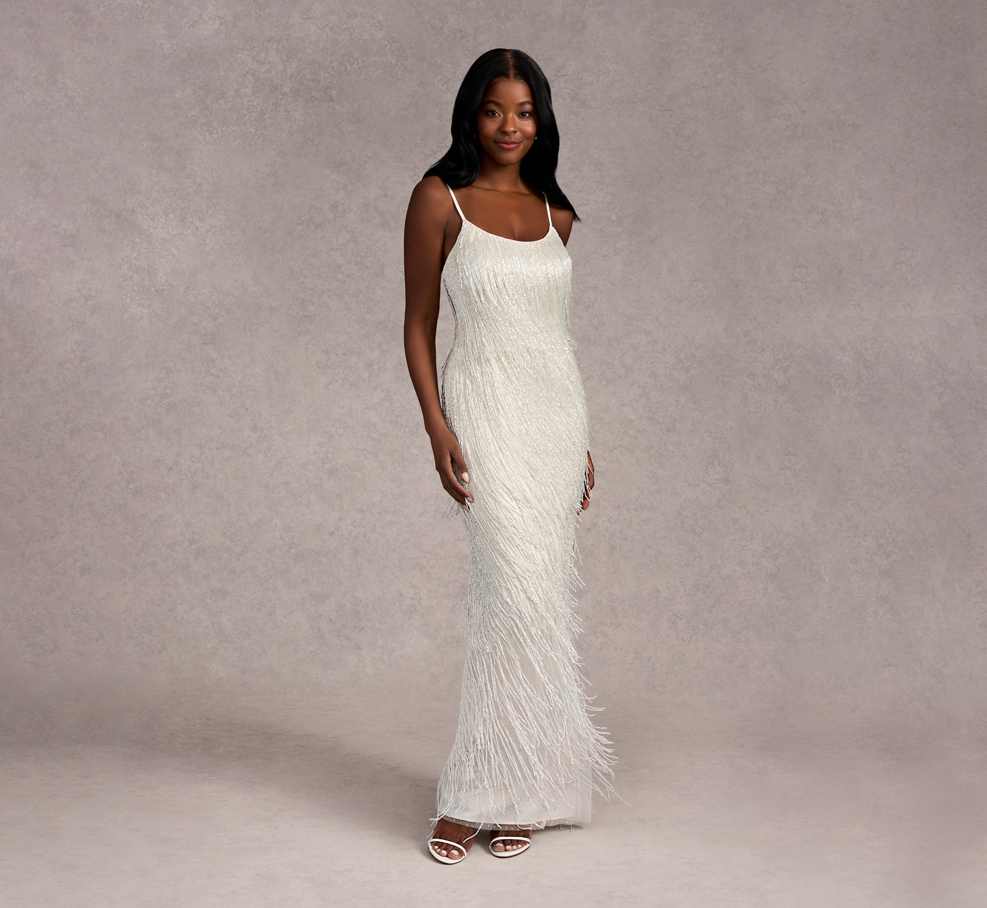 Ivory Beaded Fringe Column Dress - Elegant Formal Gown for Weddings, Parties & Special Occasions