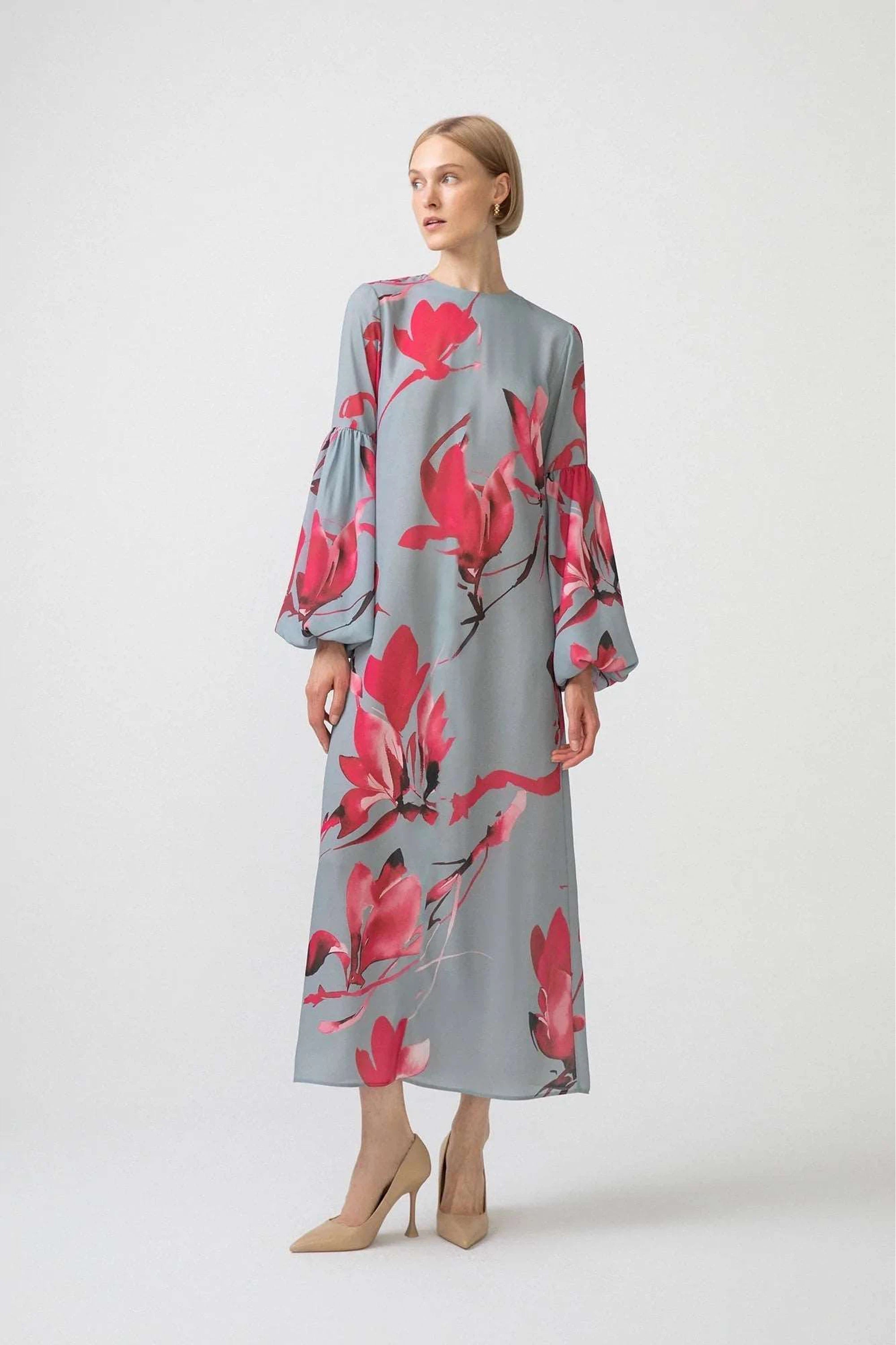 Zara Floral Print Long Sleeve Balloon Dress for Women | Elegant Party, Wedding Guest & Special Occasion Outfit
