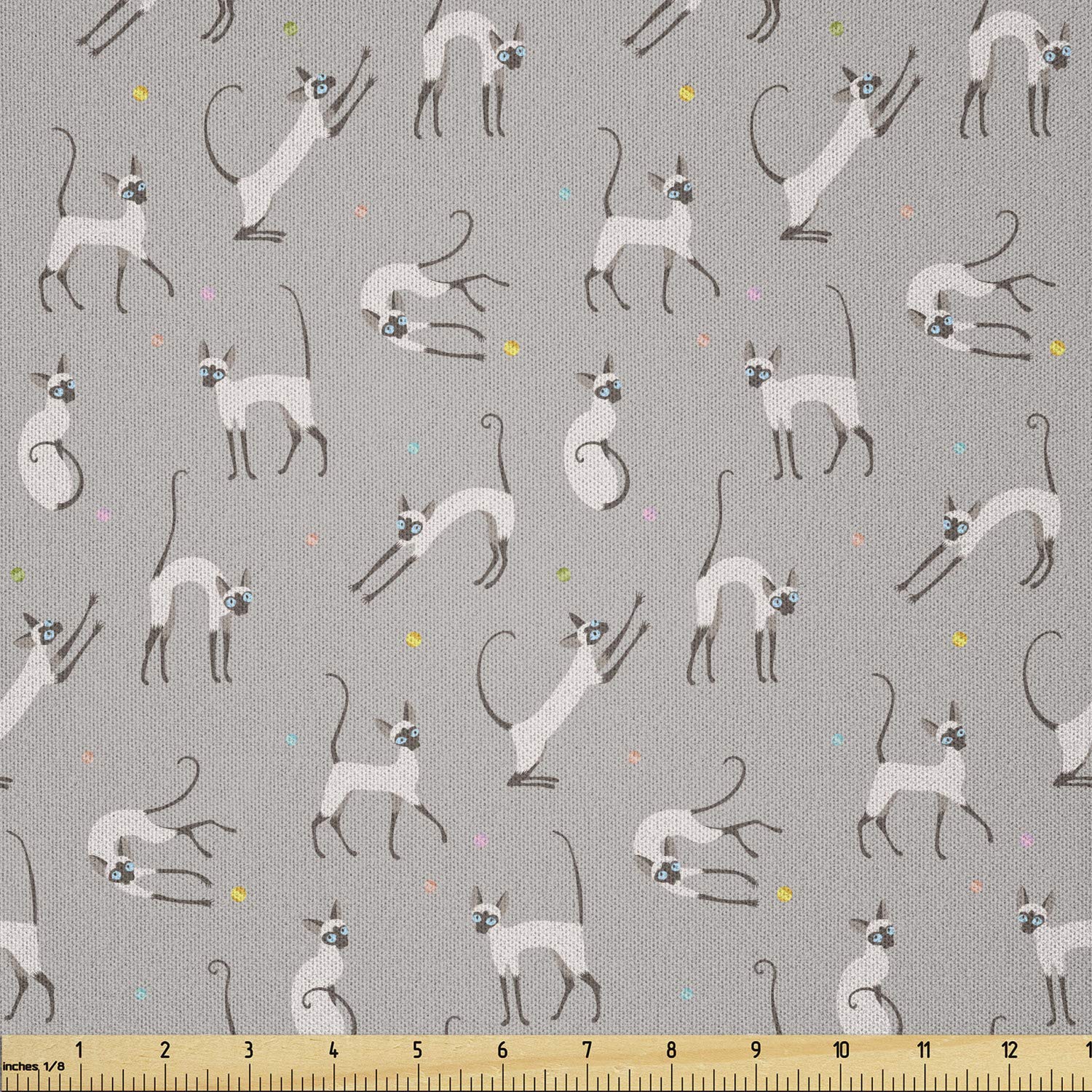 Ambesonne Grey Fabric by The Yard - Siamese Cat Wall Design Playing & Posing Feline Kitty Print | Soft Microfiber Material for DIY Arts & Crafts, Home Decor, Quilting & Sewing Projects | 10 Yards Pale Grey Fabric for Cat Lovers & Pet-Themed Decor