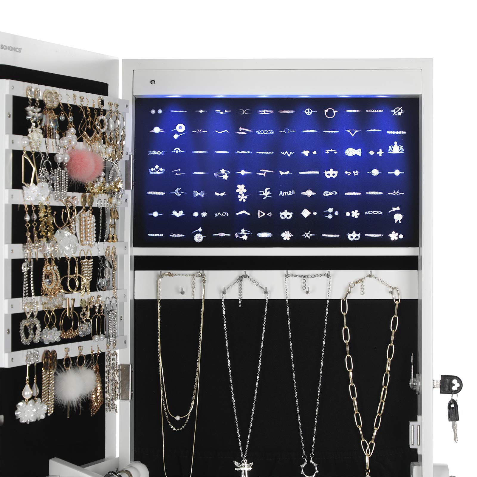 SONGMICS White Jewelry Cabinet with 6 LED Lights - Lockable Mirrored Jewelry Armoire Organizer with 2 Drawers | Perfect for Bedroom, Closet & Dressing Room Organization