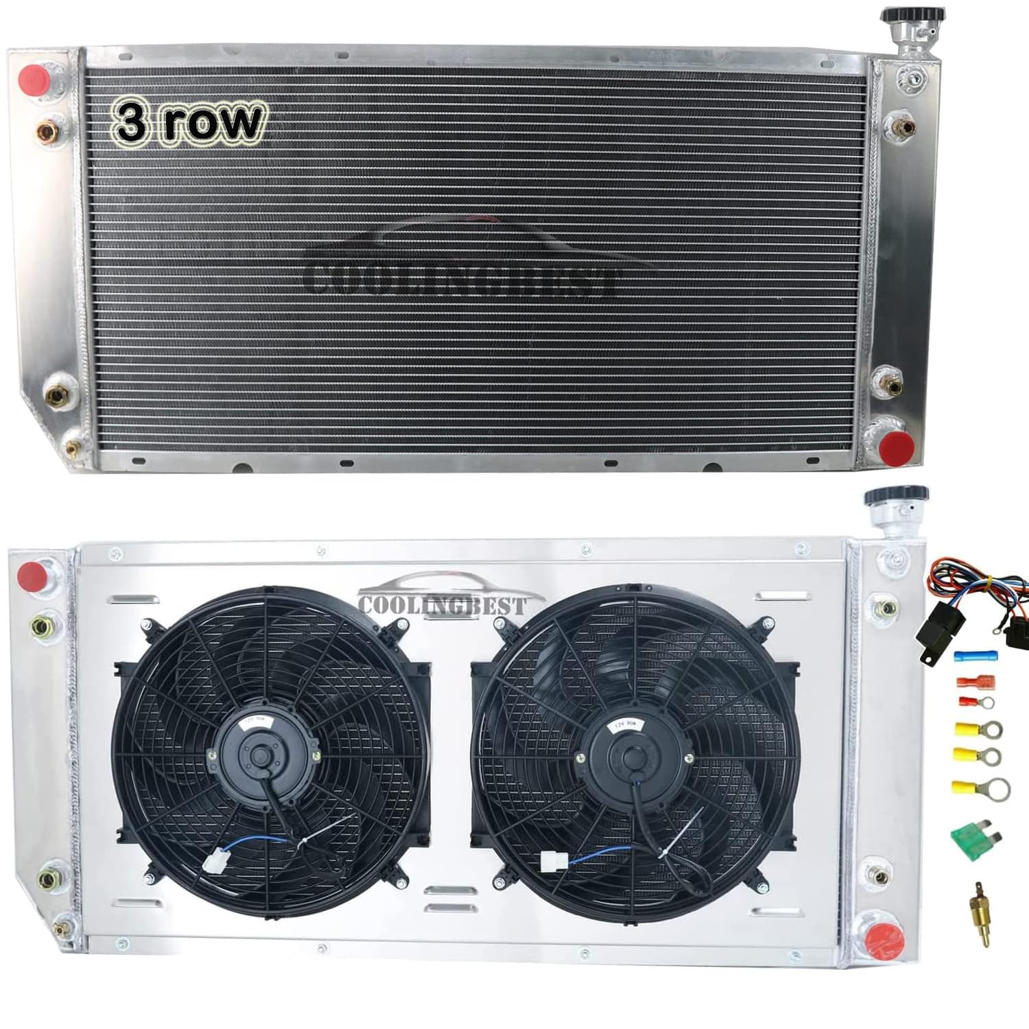 1994-2000 Chevy/GMC C1500 C2500 C3500 K1500 K2500 K3500 Suburban Tahoe Yukon Truck 3 Row Aluminum Radiator with Electric Fan Shroud & Thermostat Kit - 5.7L/7.4L V8 Crossflow Radiator Combo for Improved Engine Cooling & Performance