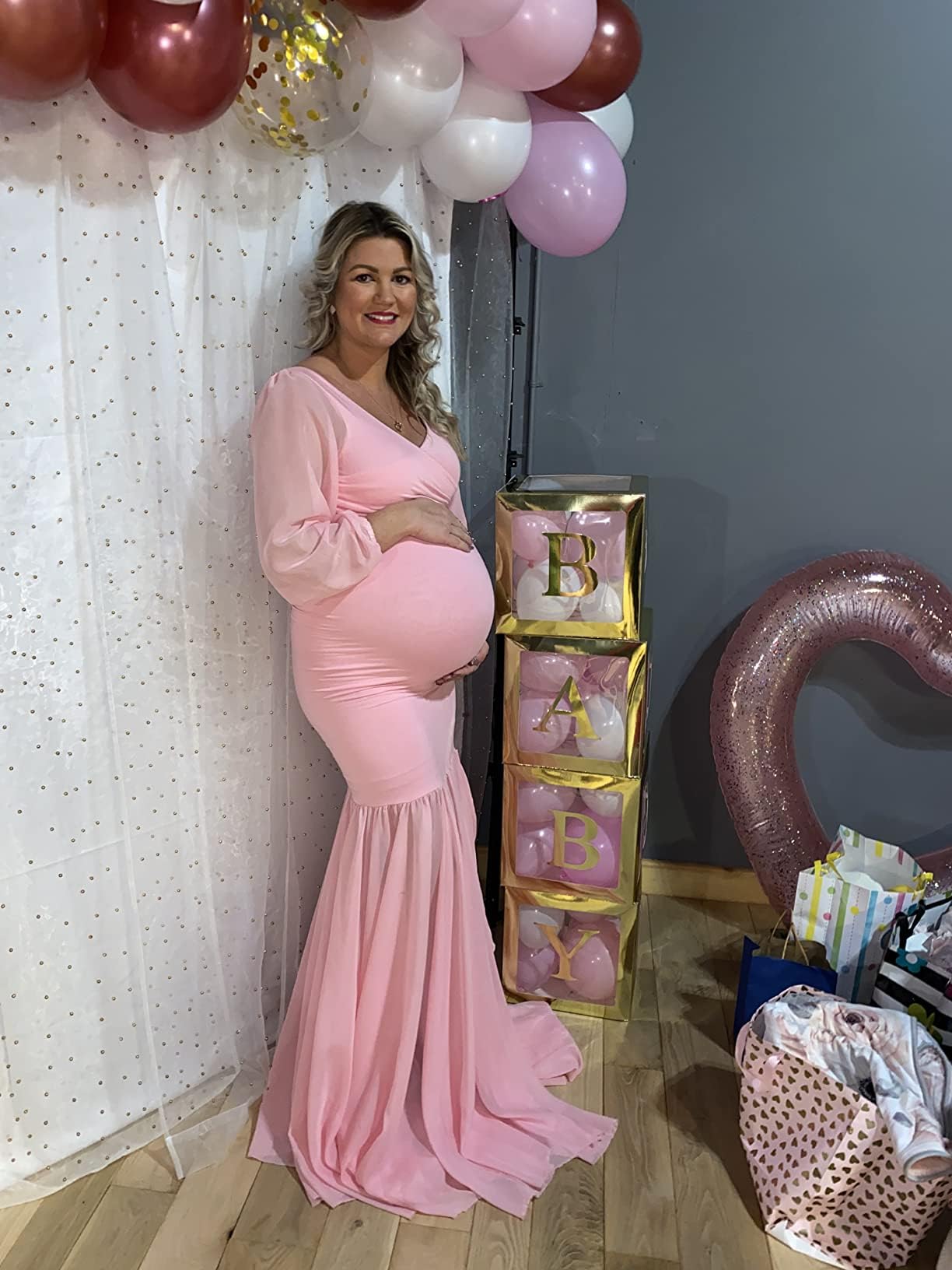 Saslax Elegant Long Chiffon Sleeve Mermaid Maternity Dress for Photoshoot, Baby Shower, Pregnancy Photos, and Special Occasions - Comfortable & Stylish Maternity Gown for Expecting Mothers