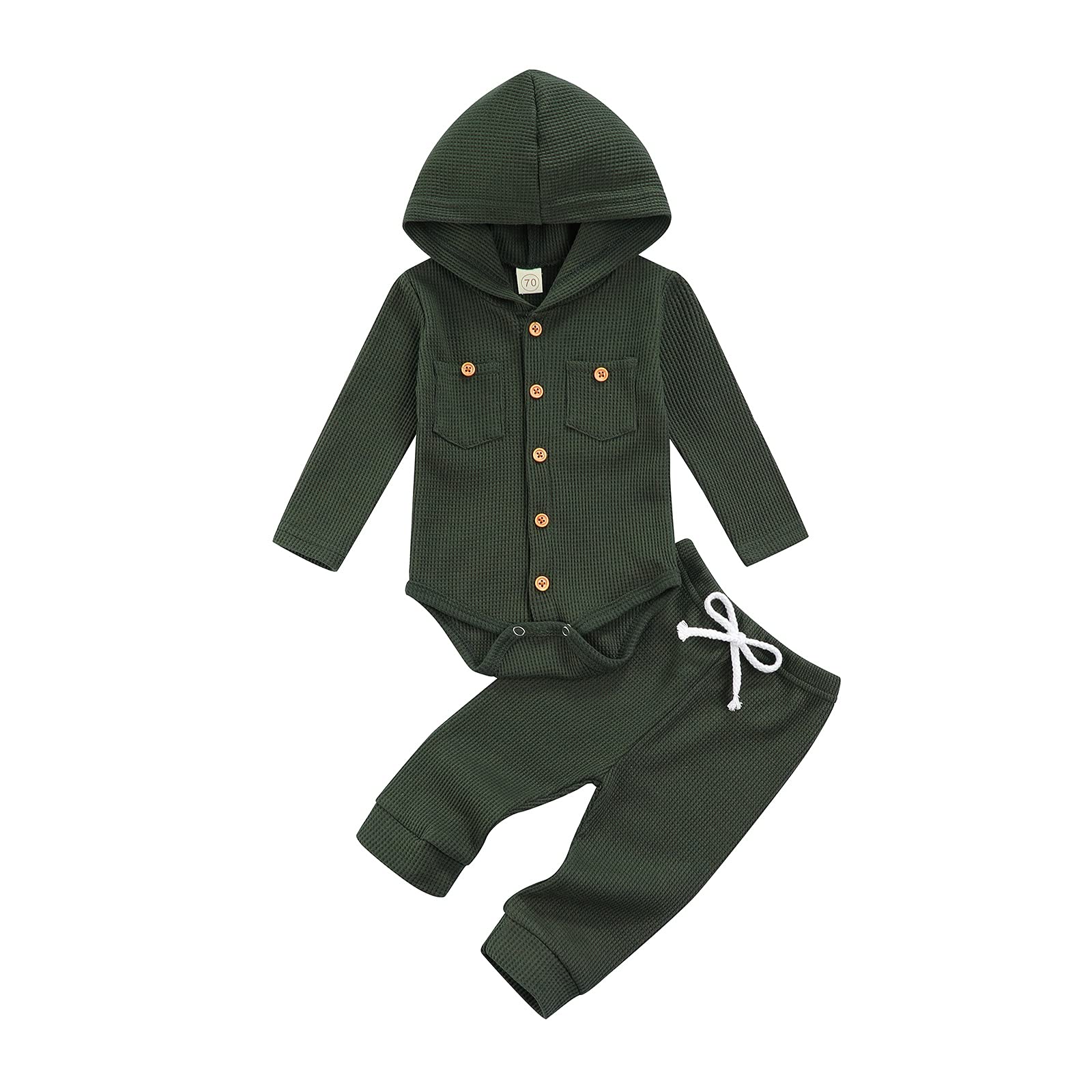 Unisex Baby Hooded Waffle Clothes Set - Soft Cotton Newborn Infant Outfits for Boys & Girls (Solid Color Top + Drawstring Pants) - Perfect for Fall Season, Daily Wear & Photo Shoots