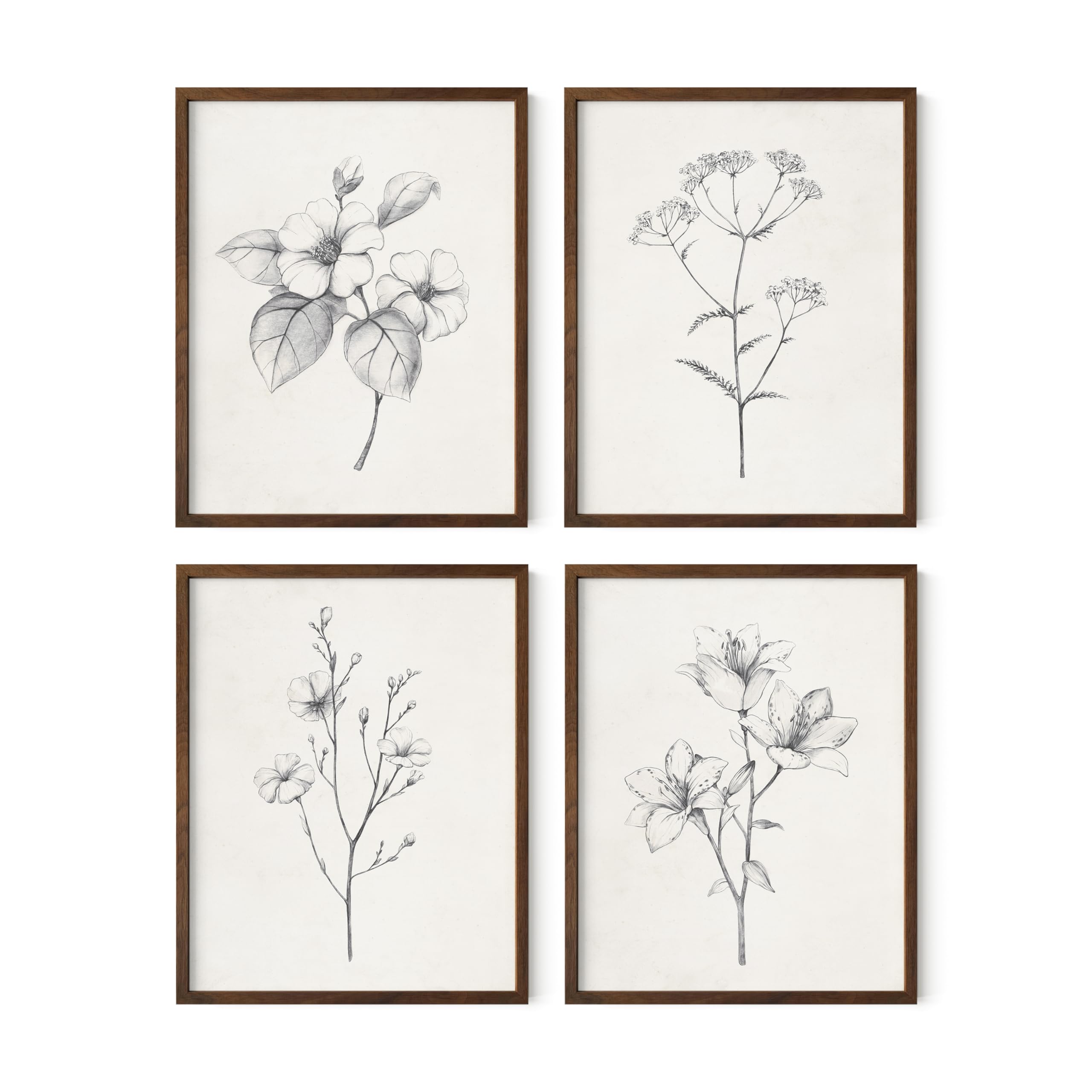 Vintage Grey Floral Wall Art Set of 4 - Botanical Prints with Walnut Frame (11x14) for Farmhouse Bathroom Decor, Rustic Living Room & Bedroom Aesthetic | Black and White Flower Pictures for Home Office