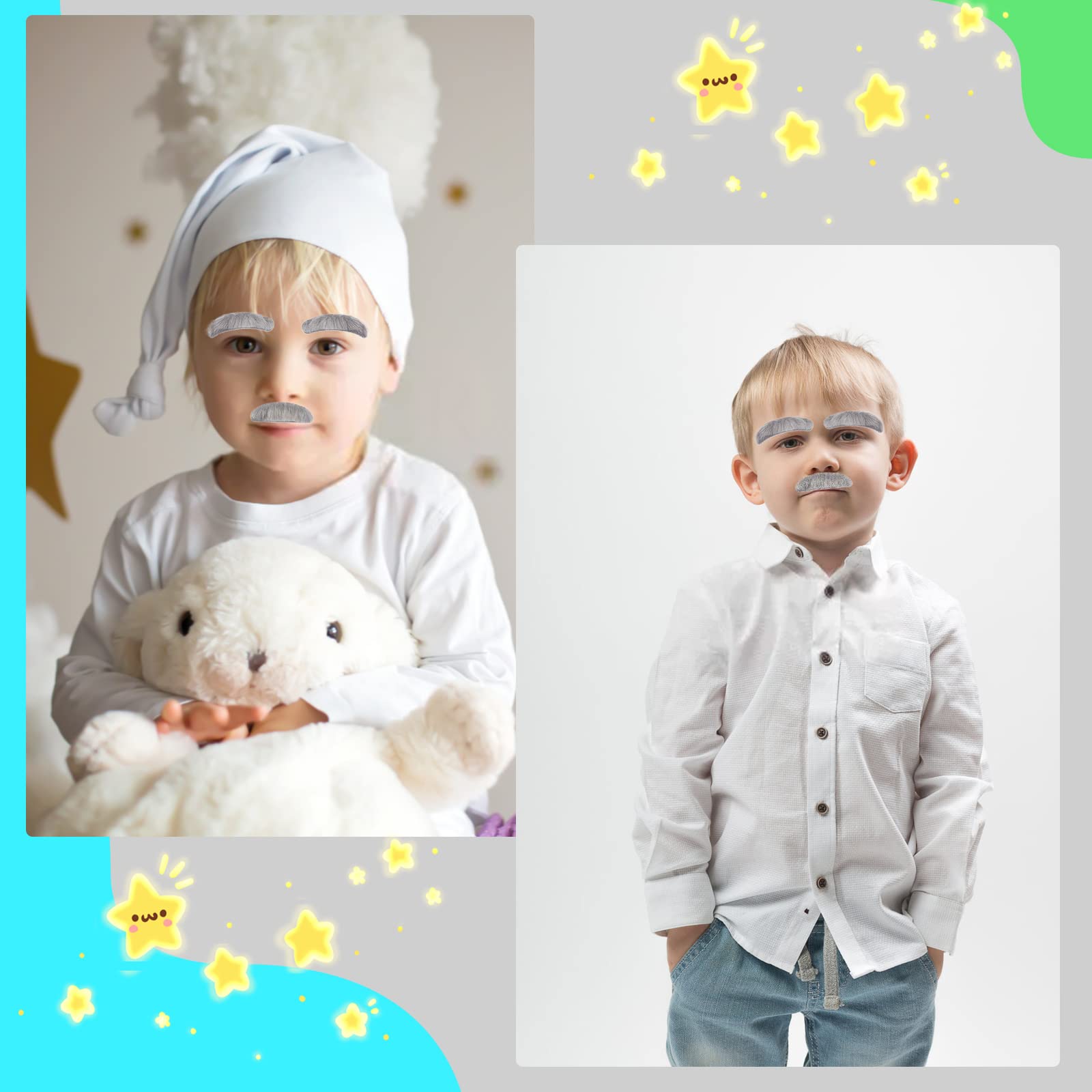 Realistic Old Man Costume Mustache & Eyebrows Set - Stick-on Fake Mustache and Eyebrows for Kids & Boys - Gray Halloween Costume Accessories for Dress-up Parties & Theatrical Performances