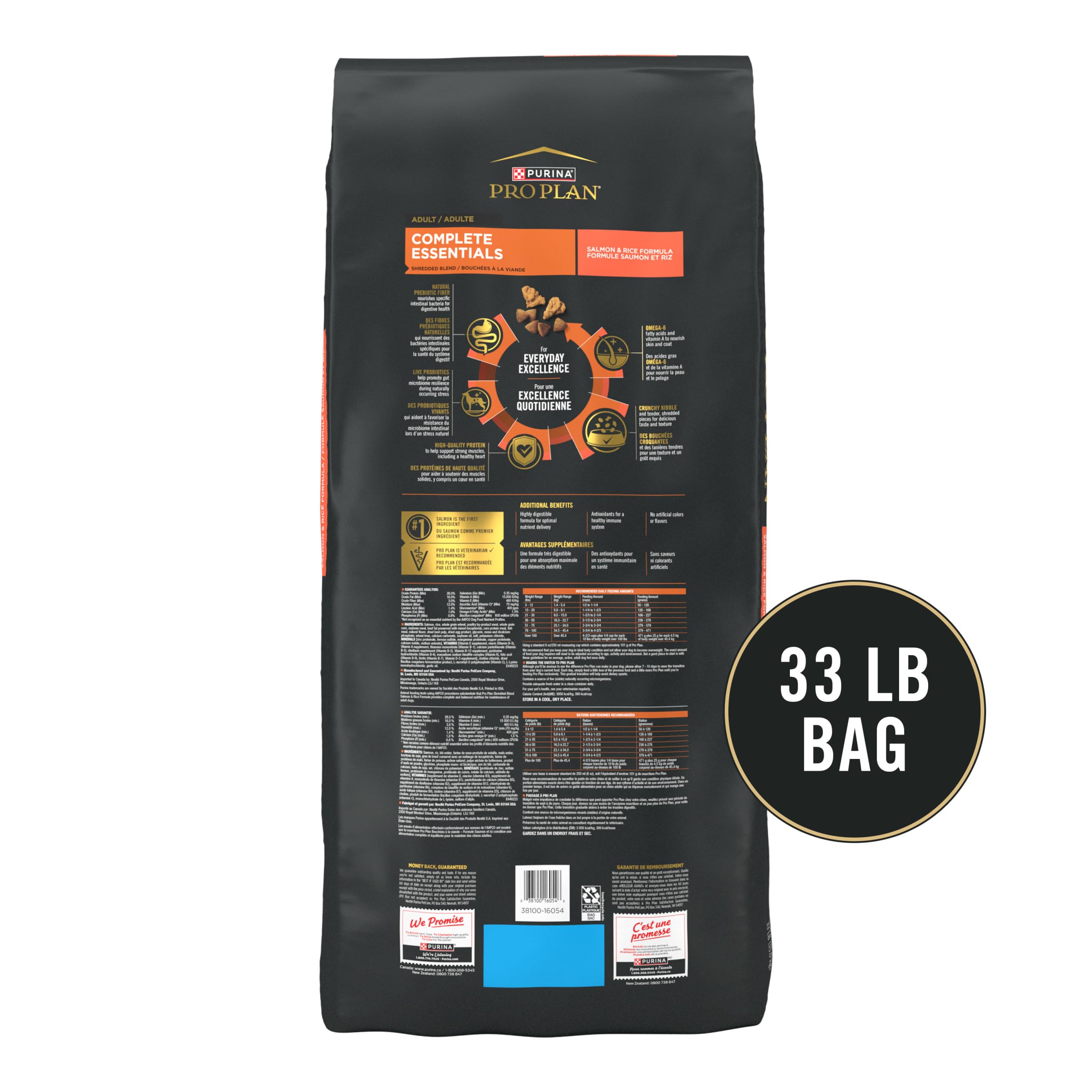 Purina Pro Plan Complete Essentials Dry Dog Food - Salmon & Rice Shredded Blend with Probiotics for Digestive Health - 33 lb Bag - Ideal for Adult Dogs with Sensitive Stomachs