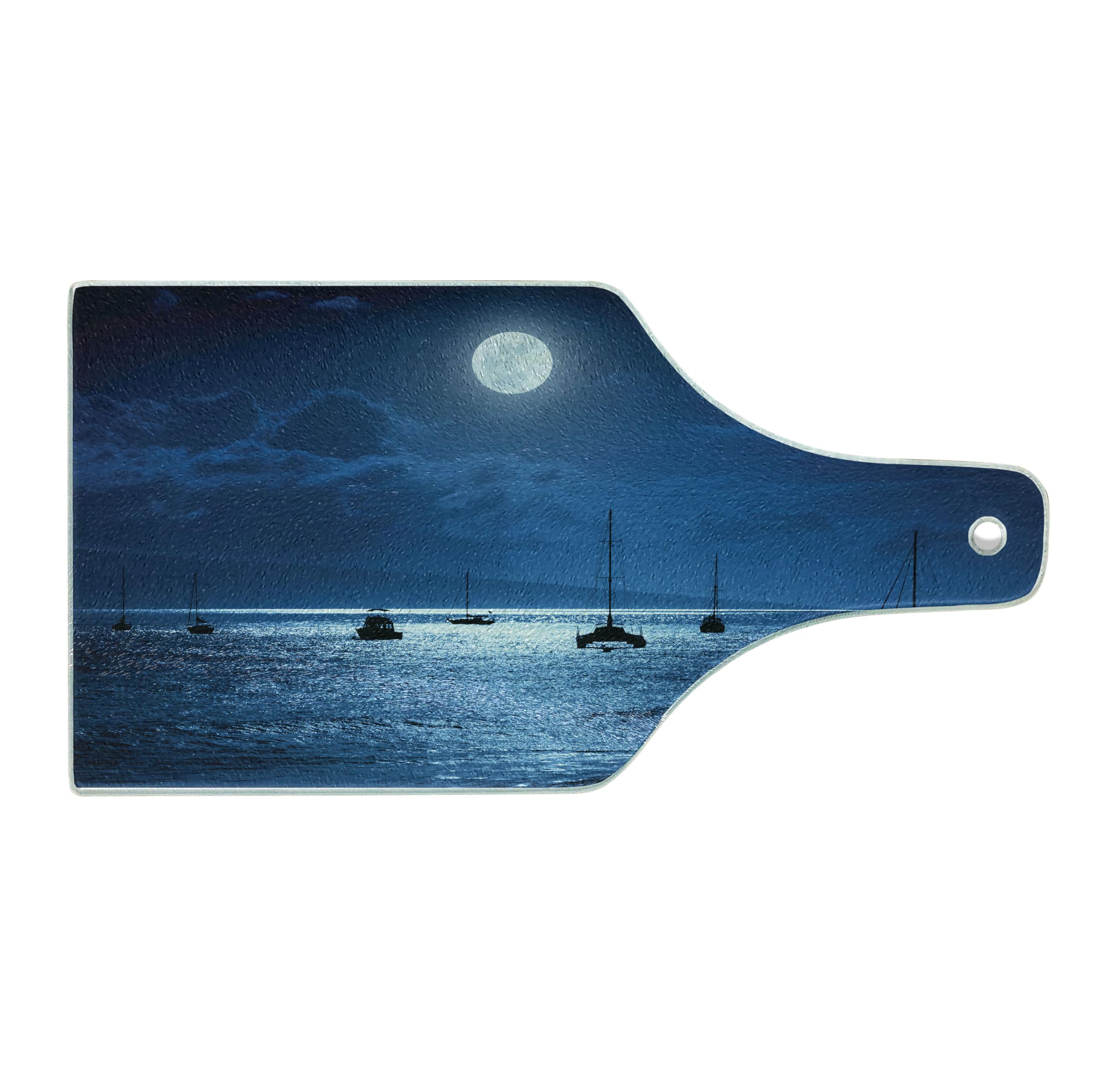 Ambesonne Ocean Themed Tempered Glass Cutting Board - Nighttime Sky with Full Moon Over Calm Maui Hawaii Ocean Scene - Wine Bottle Shaped Navy & White Serving Board - Perfect for Entertaining, Kitchen Decor & Gift Giving
