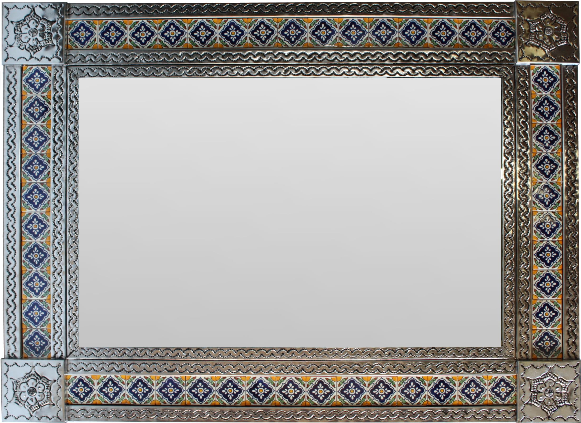 Large Silver Guadalajara Tile Mexican Wall Mirror - Handcrafted Mexican Folk Art Decor for Living Room, Bedroom, or Bathroom