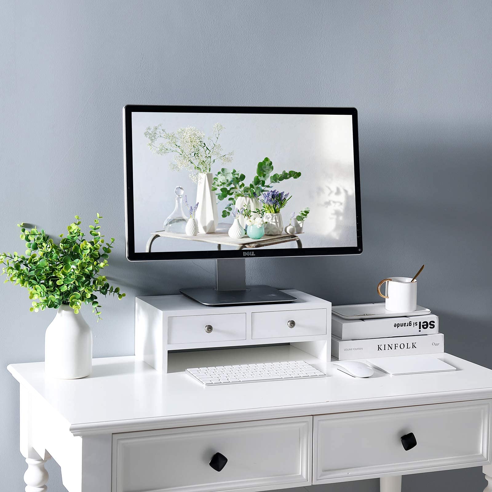 WELLAND Monitor Stand Riser with Storage Drawers - Adjustable Computer Monitor Stand & Desktop Organizer for Laptop, PC, Office - Perfect for Home Office & Workspace Organization (White)