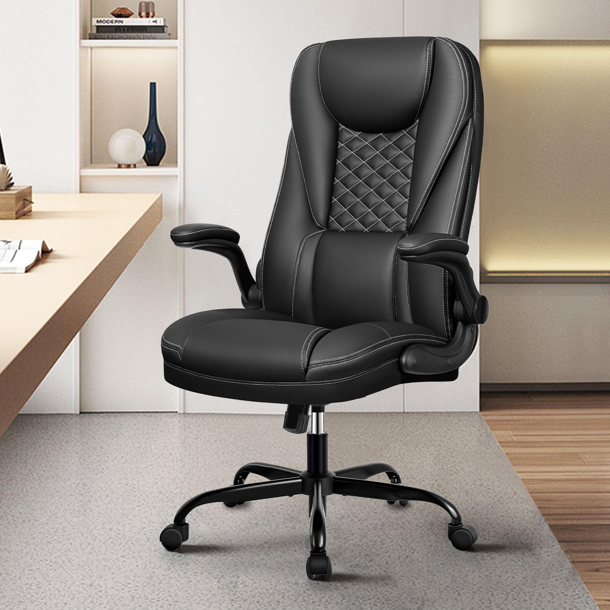 Ergonomic Big and Tall Executive Office Chair - High Back Leather Desk Chair with Lumbar Support & Adjustable Flip-Up Arms - Perfect for Home Office, Gaming, and Computer Work (Black)
