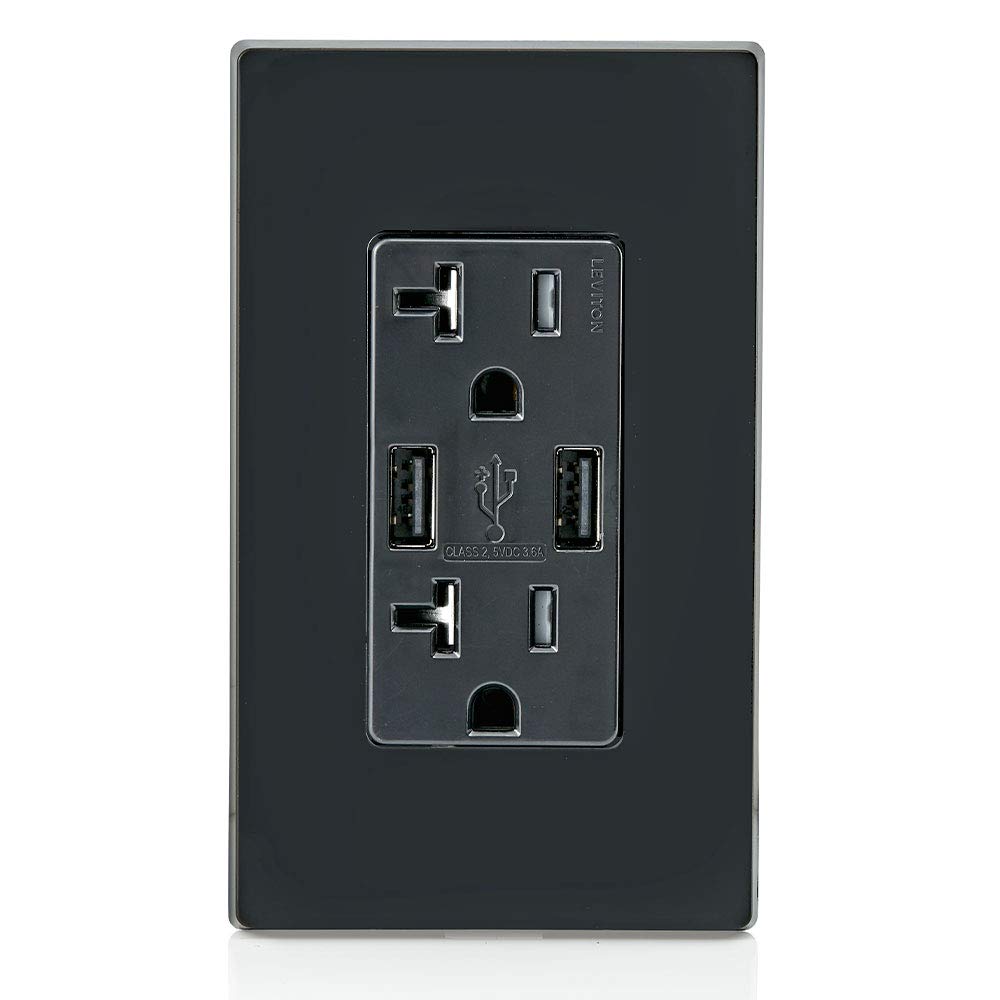 Leviton T5832-B 20A Tamper-Resistant Outlet with Type-A USB In-Wall Charger - Fast Charging for Smartphones, Tablets & Devices - Sleek Black Wall Plate - Perfect for Bedrooms, Offices & Hotels
