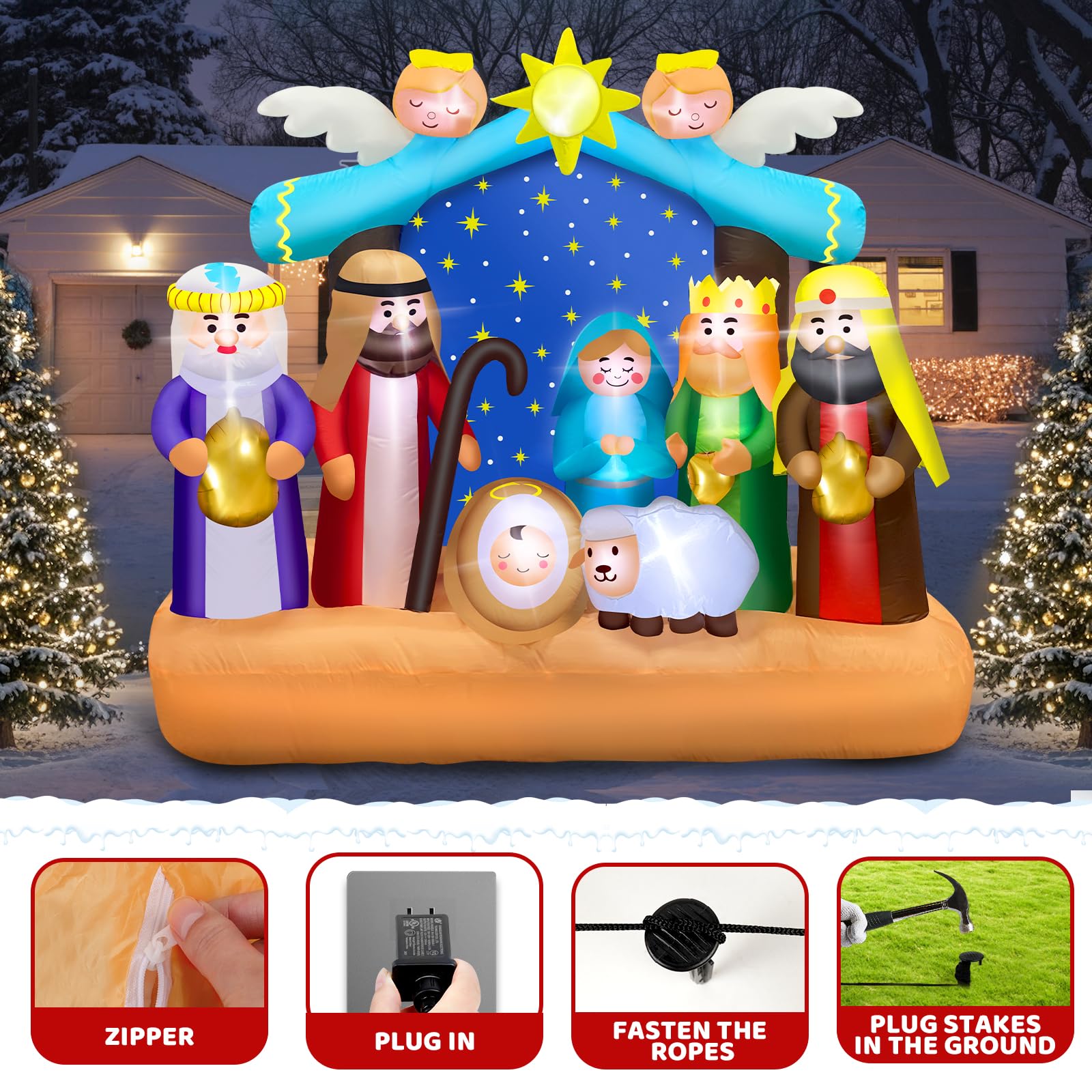 6.8 FT Christmas Inflatable Nativity Scene with Built-in LED Lights - Large Outdoor Christian Nativity Decor for Holiday Yard, Garden, and Lawn - Perfect for Christmas Displays, Church Events, and Festive Home Decorations