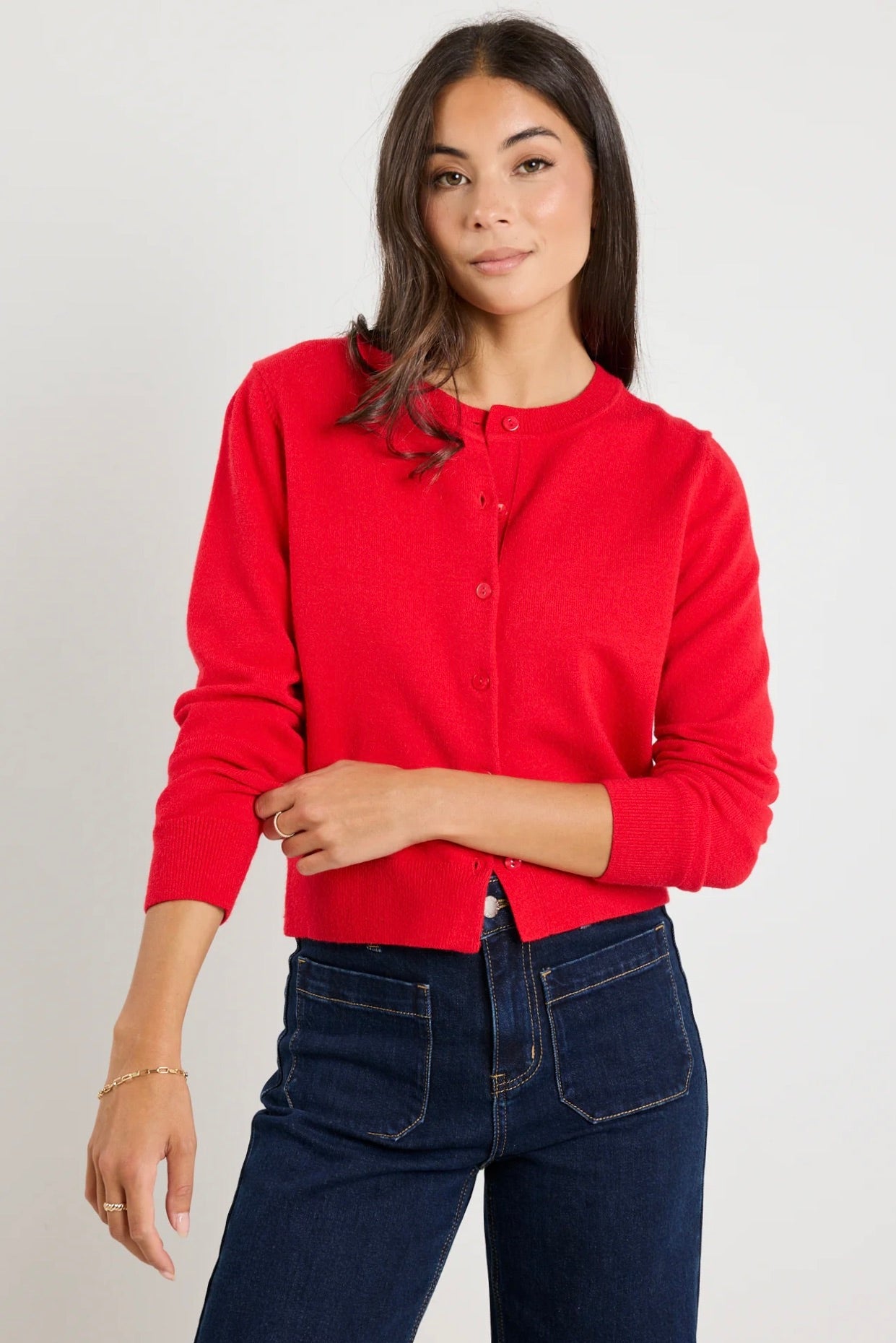Premium Red Cashmere Blend Crewneck Cardigan for Women - Soft & Warm Knit Sweater - Perfect for Fall & Winter Outfits, Office Wear & Casual Chic