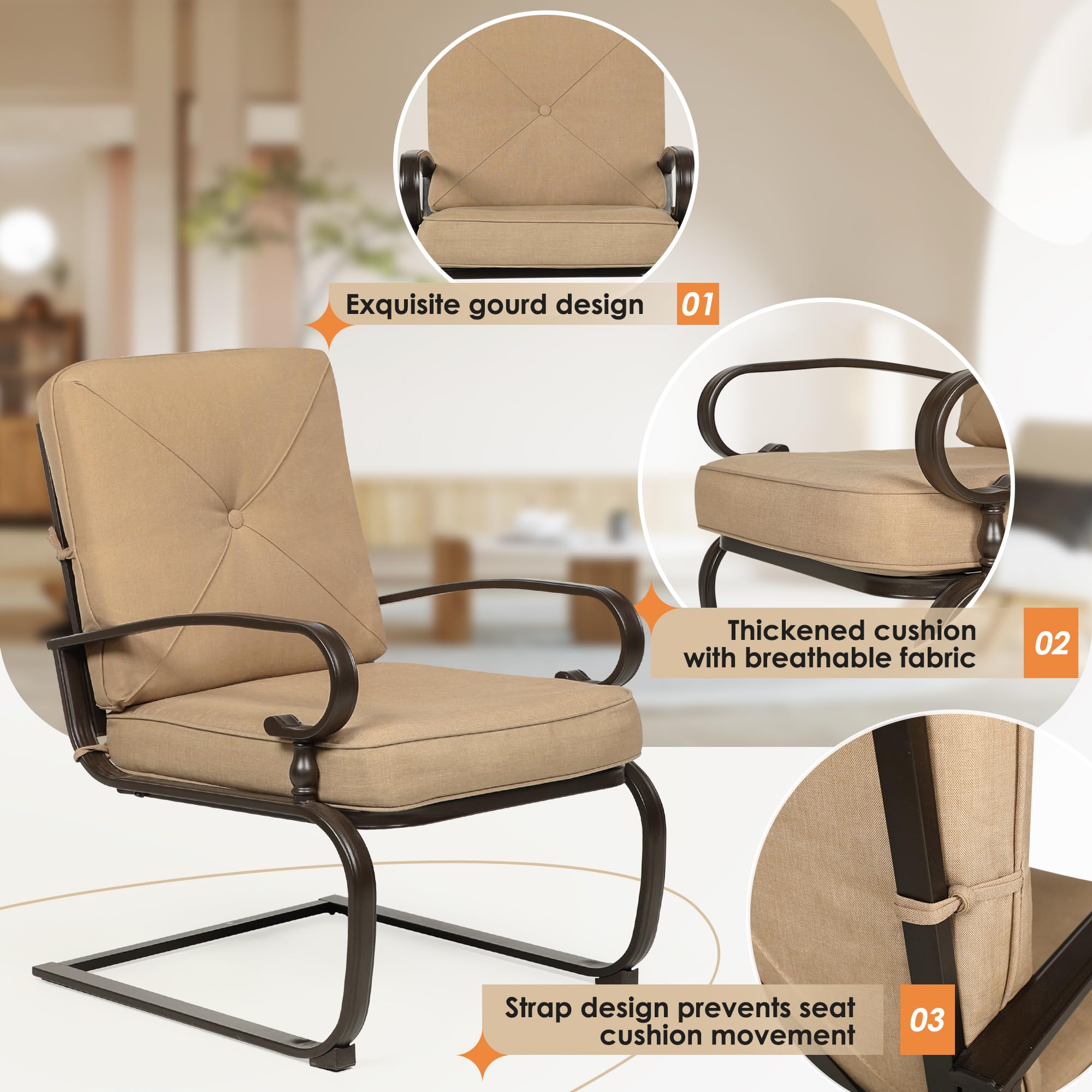 4-Piece Outdoor Patio Conversation Set - Glider Loveseat with 2 Spring Chairs & Coffee Table - Brown Cushions Included - Perfect for Backyard, Garden or Poolside Relaxation