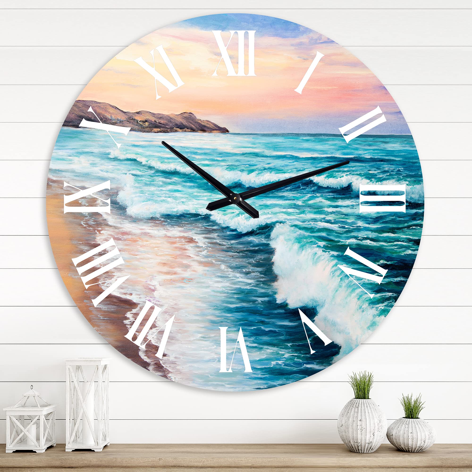 DesignQ Nautical Coastal Wall Clock - Morning Light On Ocean Waves III - Blue Round Clock for Living Room, Kitchen, Office - Perfect for Beach House & Coastal Decor