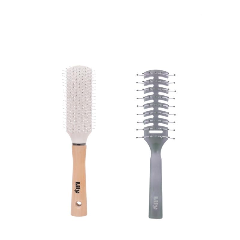 Lily Rectangular Padded & Vented Hair Brush Set - White & Grey Detangling Styling Brush for Smooth Shiny Hair | Perfect for Daily Use, Travel & Salon Styling