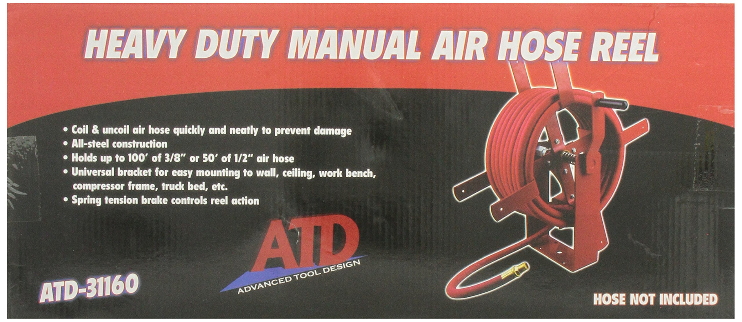 ATD Tools 31160 Heavy Duty Manual Air Hose Reel - 50ft Retractable Air Compressor Hose Reel for Garage, Workshop & Industrial Use