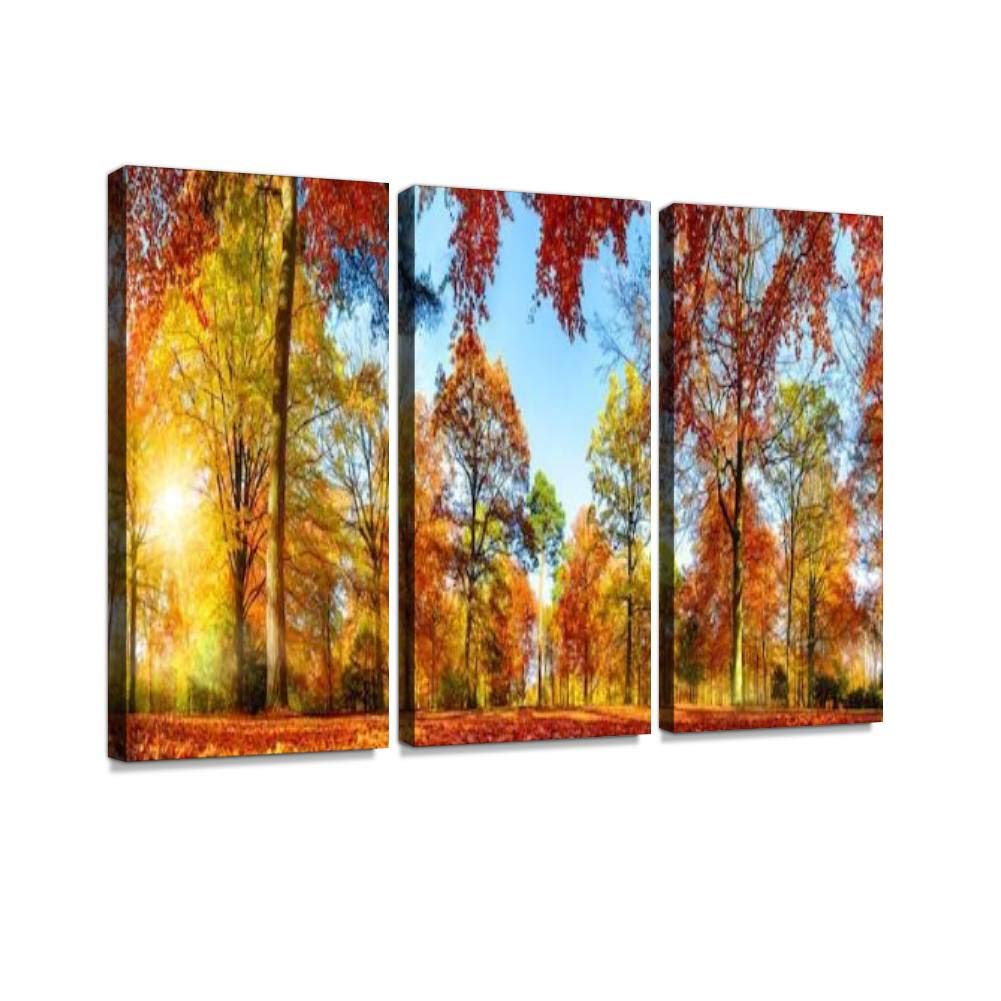 Vibrant Autumn Park Panorama Canvas Wall Art - 3 Panel Landscape Painting for Living Room & Bedroom Decor - Nature-Inspired Home Wall Decor Posters - Perfect for Cozy Living Spaces & Office Wall Art