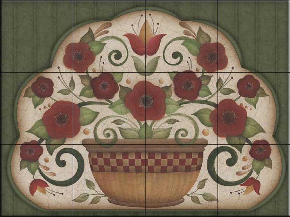 Angela Anderson Hand-Painted Ceramic Tile Mural - Country Flowers in Pot on Green Background - Wall Art for Kitchen Backsplash, Bathroom Decor & Home Interior Design