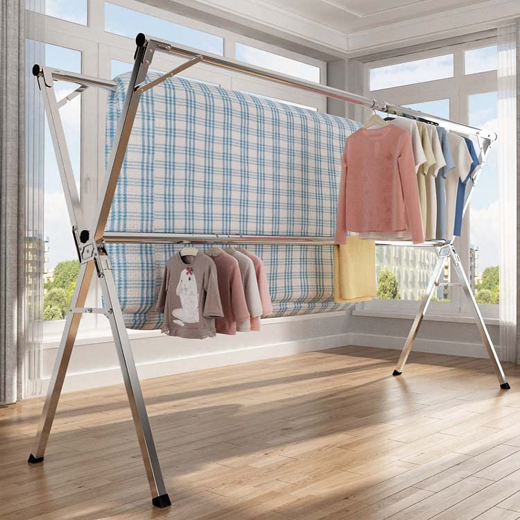 YSUEFIJO Heavy Duty Stainless Steel Clothes Drying Rack - Foldable Space Saving Laundry Hanger for Indoor & Outdoor Use with Windproof Hooks (200cm/79in) - Perfect for Apartments, Balconies, Camping and Small Spaces