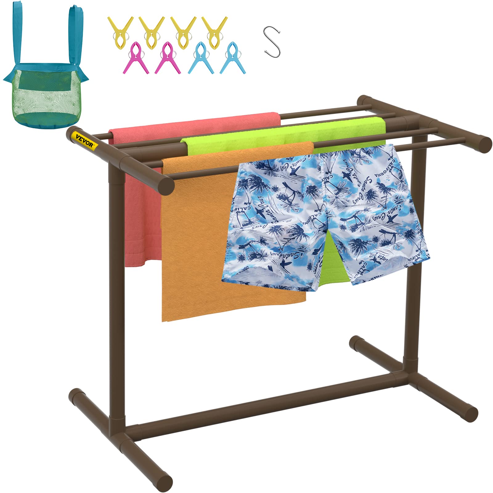 VEVOR 5-Bar Freestanding Pool Towel Rack - Brown Outdoor PVC T-Shape Storage Organizer with 8 Towel Clips, Mesh Bag & Hook - Holds Swim Towels, Pool Floats & Paddles - Perfect for Beach, Swimming Pool & Backyard Use