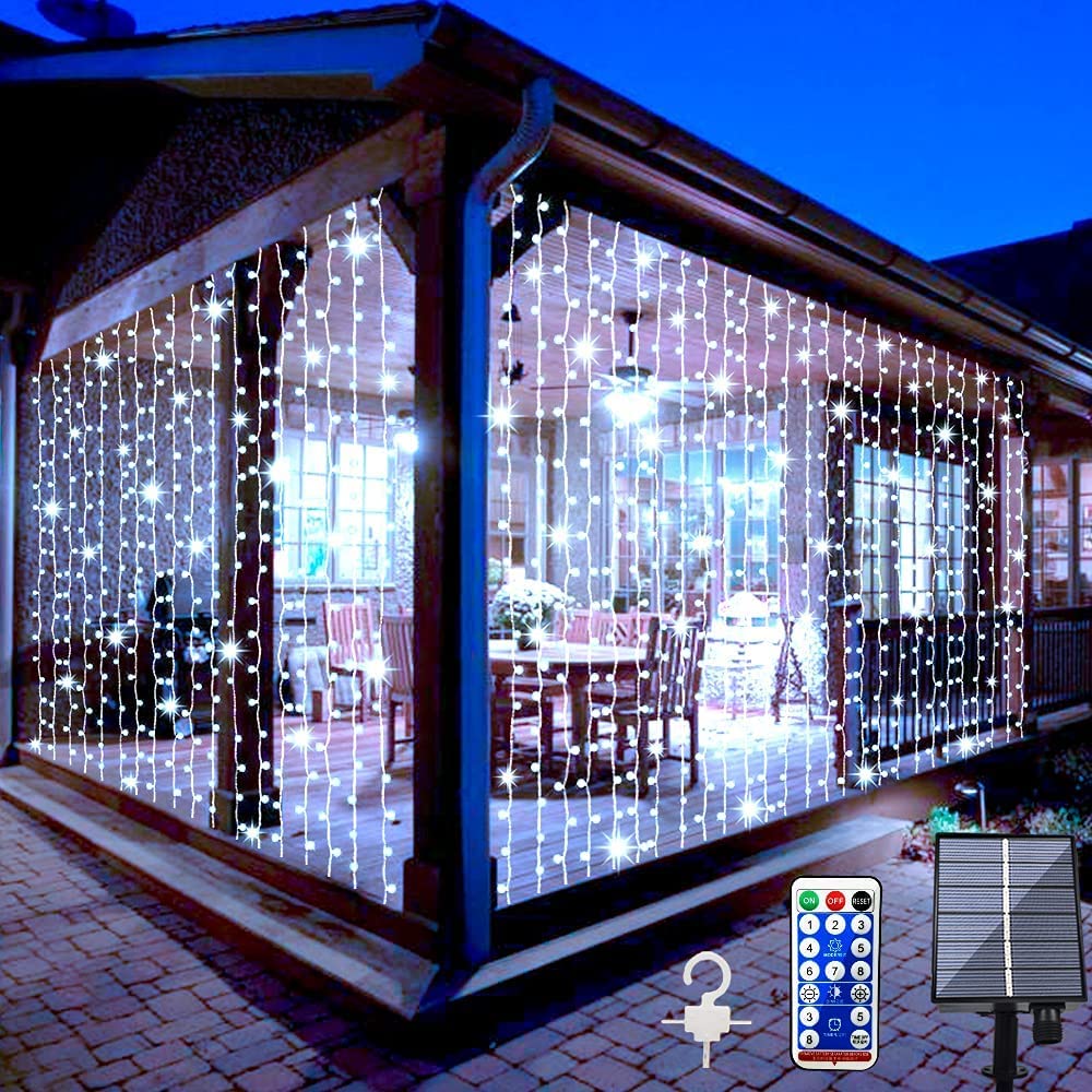 2 Pack Solar Curtain Lights Outdoor - 300 LED Waterproof Fairy String Lights with Remote Control & 8 Modes | Solar Powered Garden Lights for Gazebo, Patio, Party, Wedding, Christmas Decorations (White) | Perfect for Backyard, Balcony, and Holiday Lighting