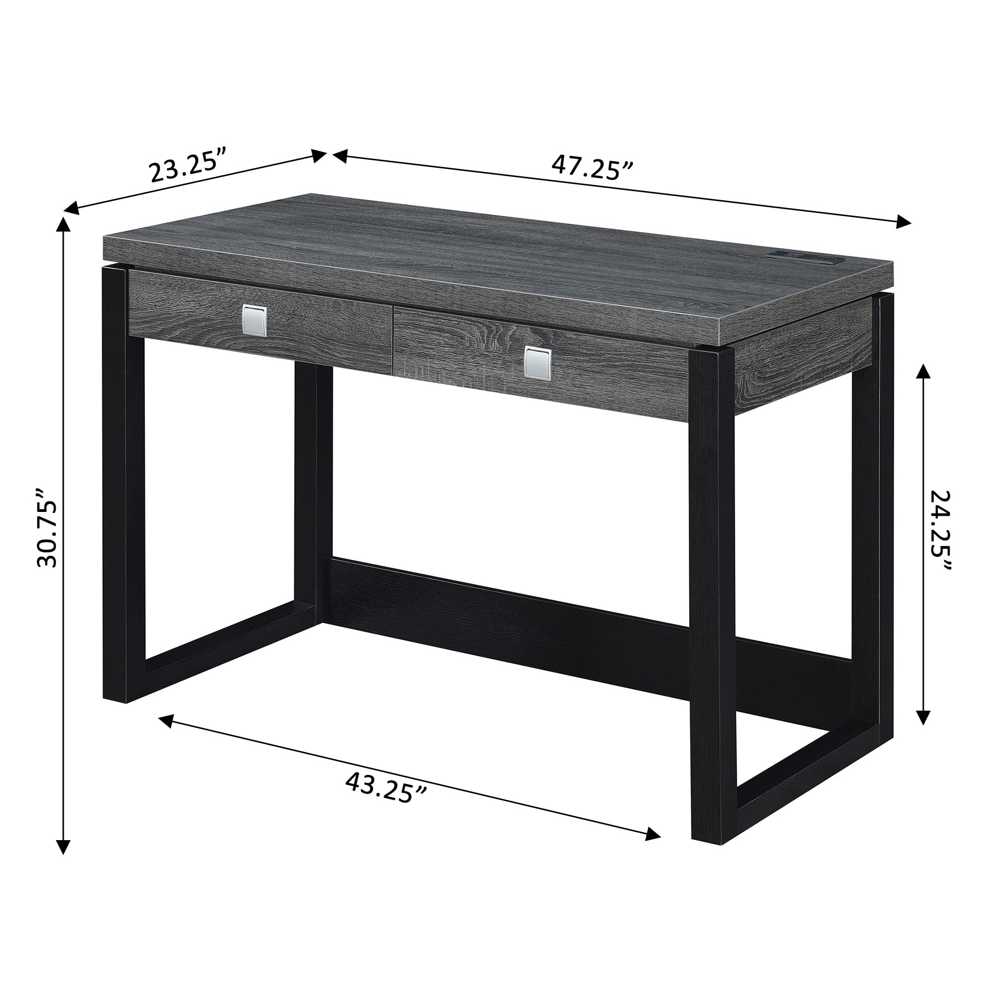 Convenience Concepts Newport 2-Drawer Office Desk with USB Charging Station - Weathered Gray/Black Finish - Perfect for Home Office, Study Room & Small Workspace Organization