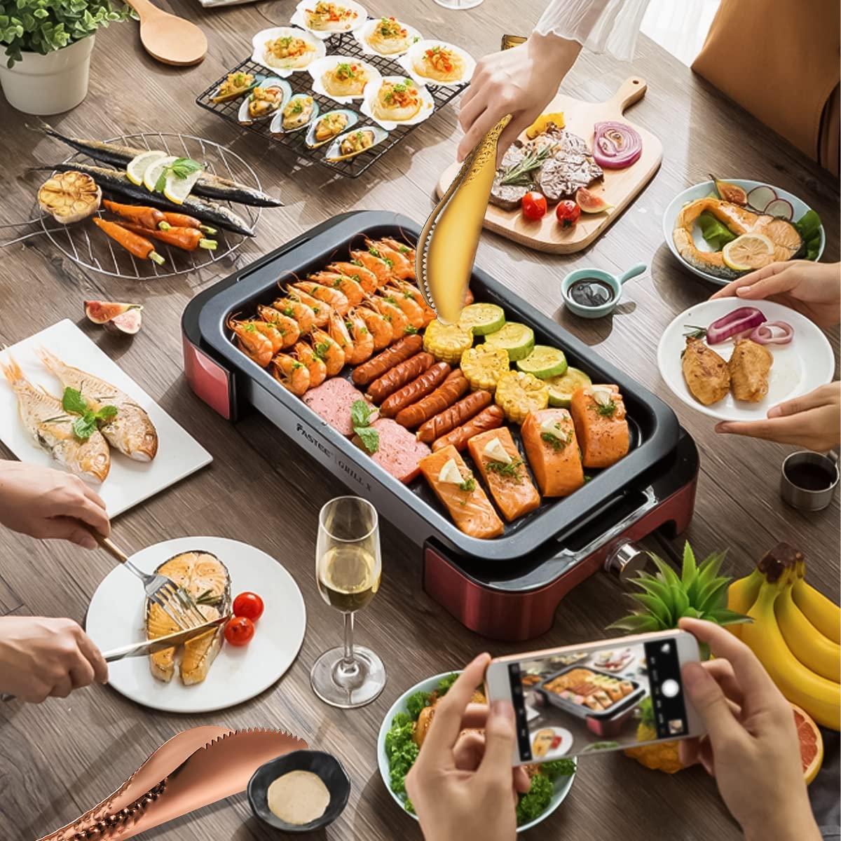 Premium 18/10 Stainless Steel Salad Serving Set - Hammered Finish Metal Salad Tongs with Spoon & Fork - Heavy Duty Rose Gold Kitchen Utensils for Buffet, Party, Catering & Home Dining