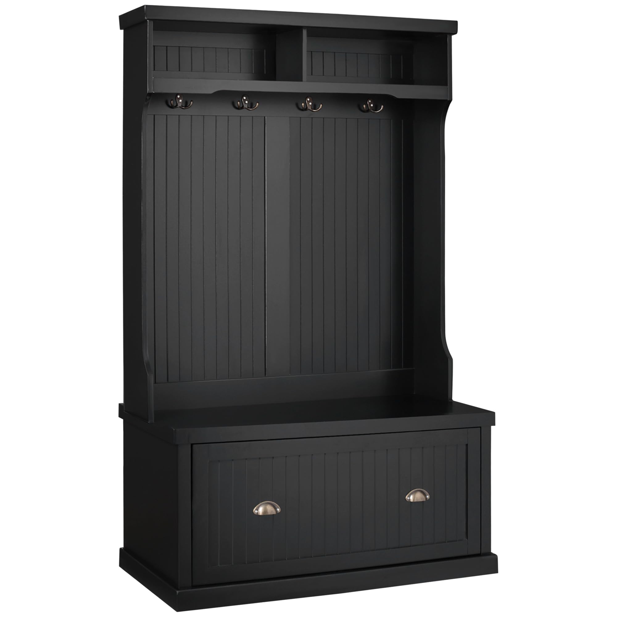 HOMCOM Entryway Bench with Coat Rack - 4 Double Hooks & 2 Storage Compartments, Hall Tree Bench with Shoe Storage for Hallway, Living Room, Bedroom - Black, Modern Furniture for Home Organization & Entryway Decor