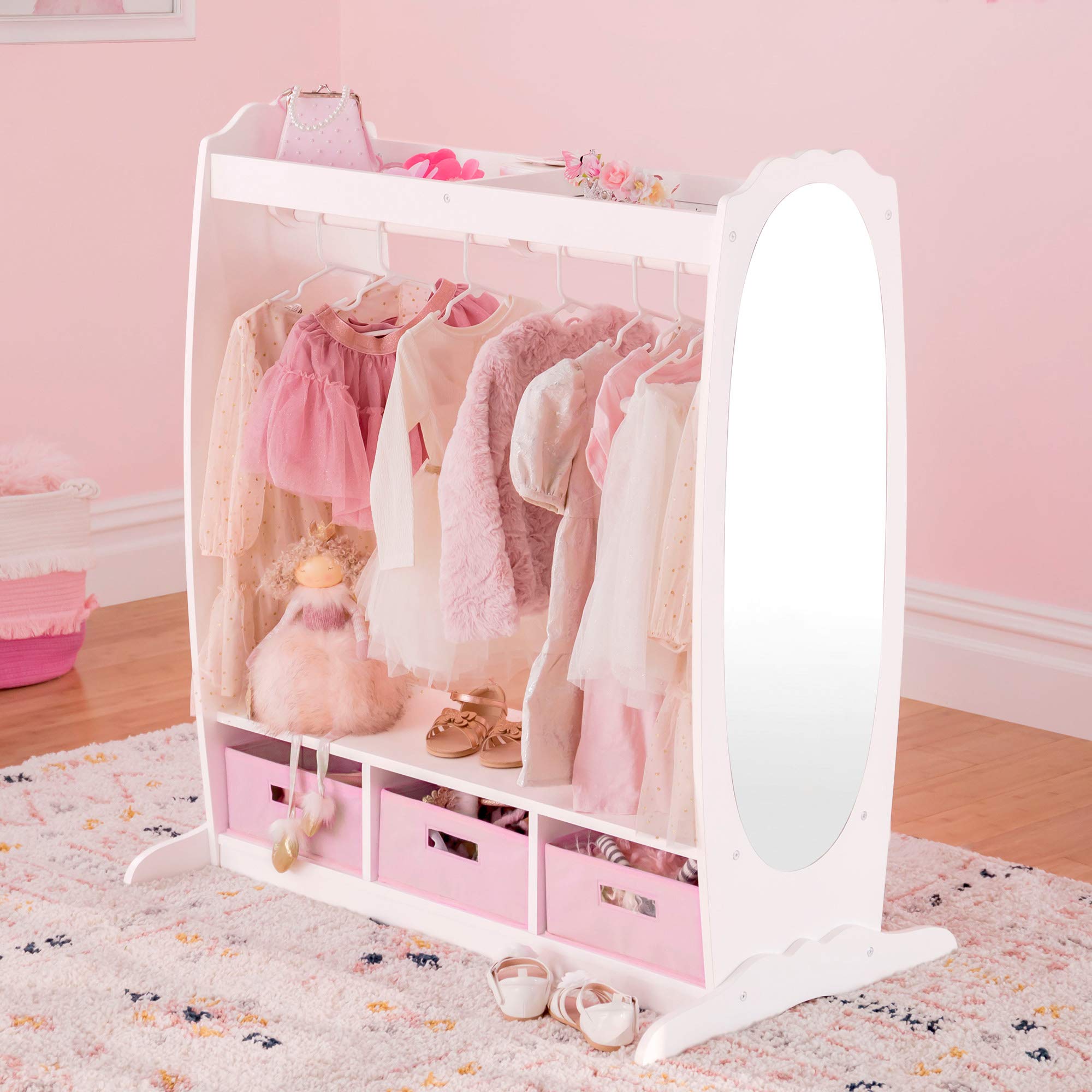 Guidecraft White Dress Up Storage for Kids - Toddler Costume Rack with Mirror & Fabric Bins | Playroom Organization, Preschool Dress-Up Corner, Bedroom Closet Storage Solution