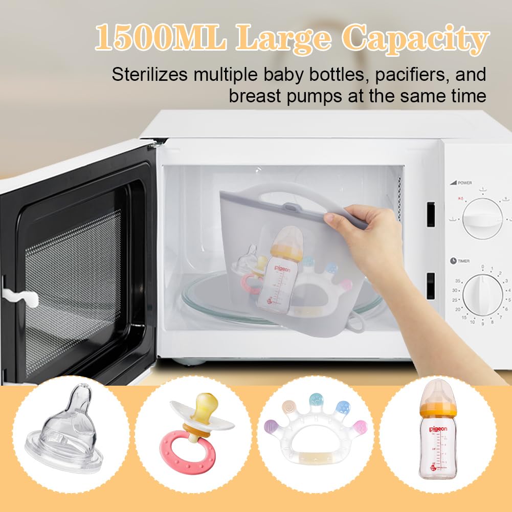Reusable 1500ML Silicone Microwave Steam Sterilizer Bag for Baby Bottles, Breast Pumps & Pacifiers - Safe Travel Sterilization for Baby Feeding Accessories | Perfect for Home, Daycare & On-the-Go Use