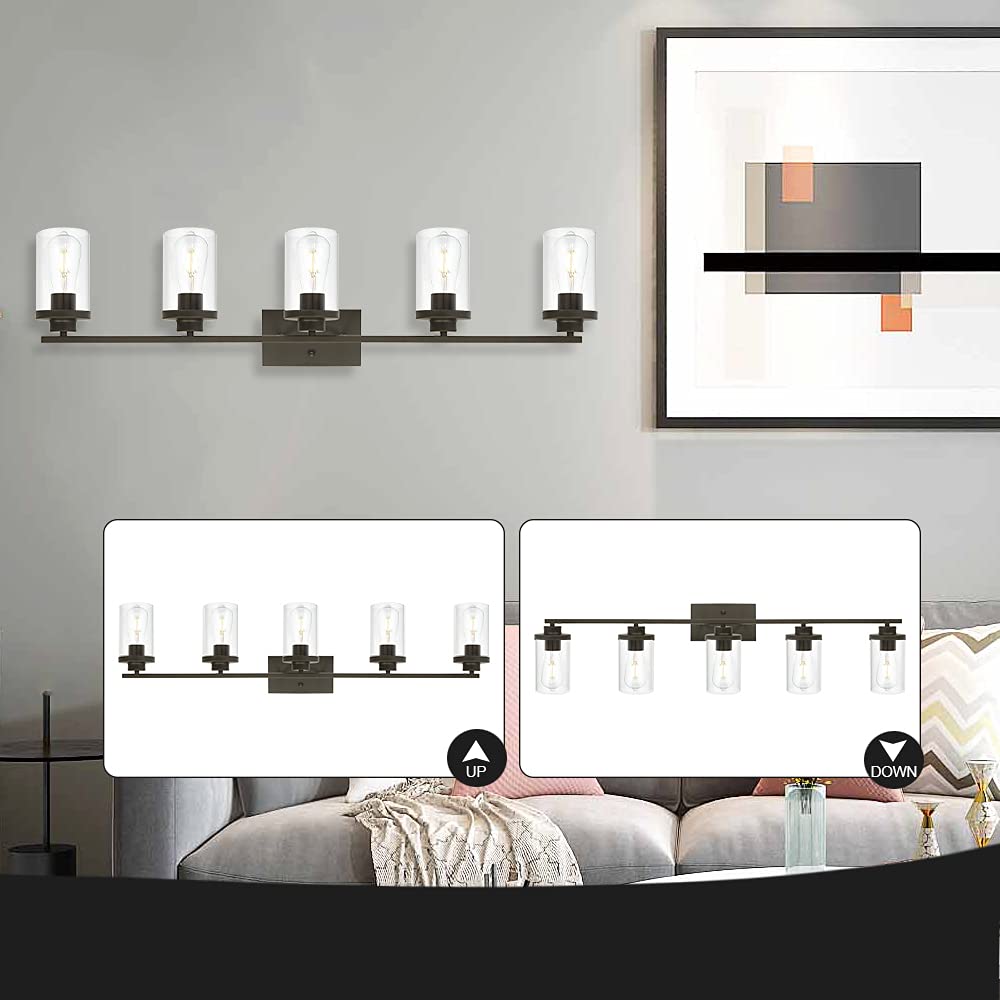 Modern Oil Rubbed Bronze Bathroom Vanity Light Fixture - 5-Light Wall Sconce with Clear Glass Shade for Bathroom, Living Room, Kitchen, Entryway & Hallway - Perfect for Ambient Lighting and Home Decor