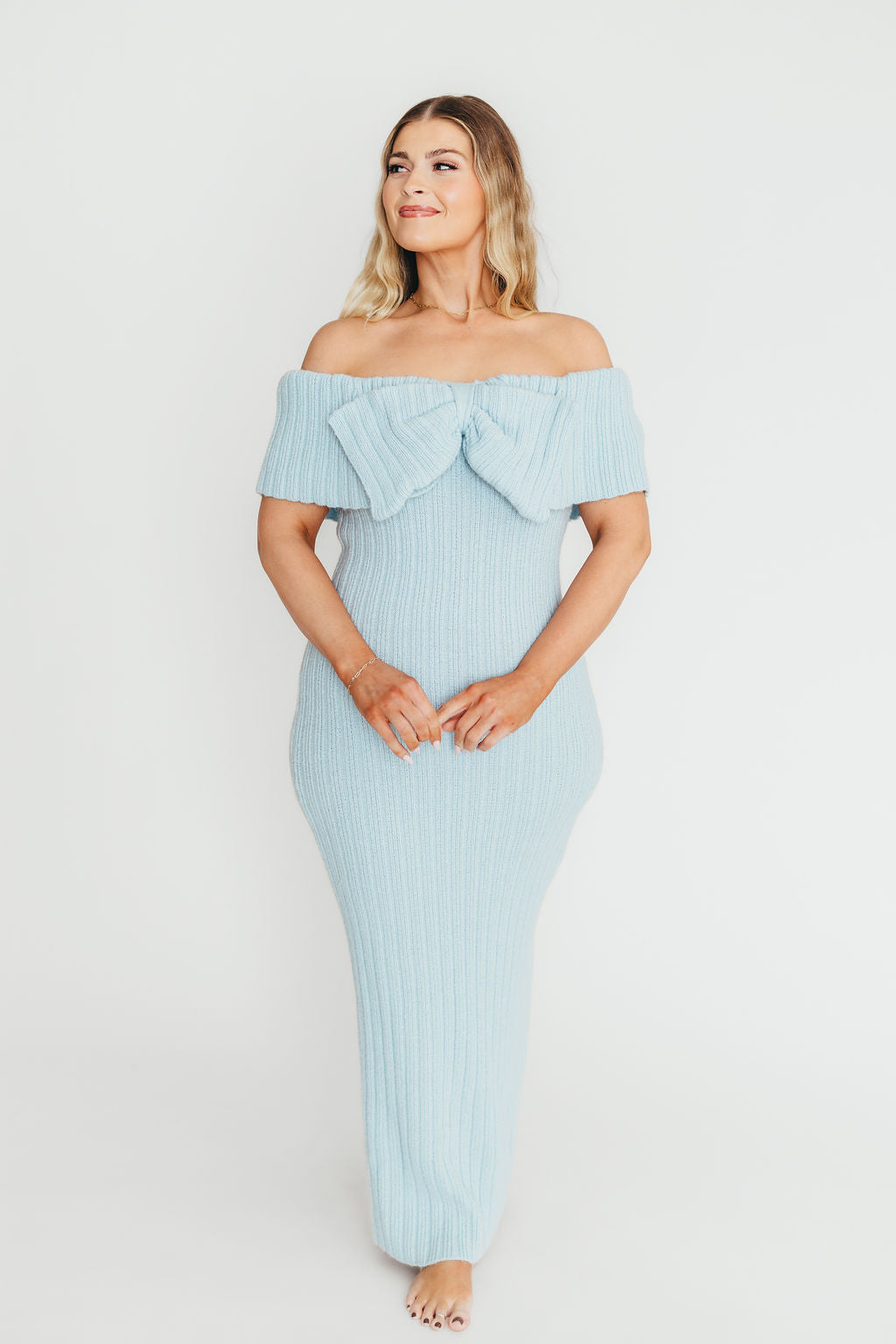 Aston Bow Front Maxi Sweater Dress in Ice Metal - Bump Friendly Maternity & Plus Size (S-3XL) | Winter Layering, Holiday Party Outfit, Casual Office Wear