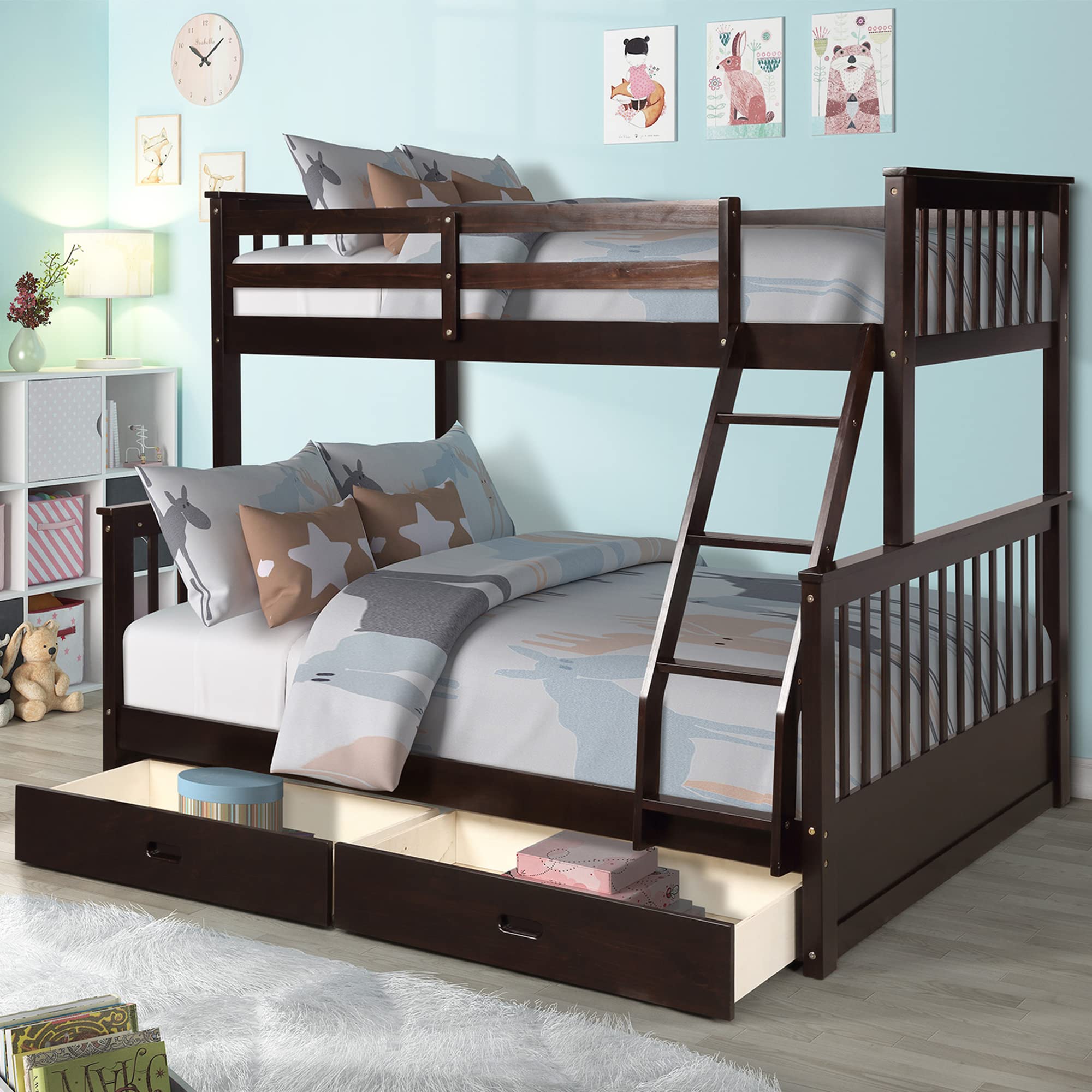 Solid Wood Twin Over Full Bunk Bed with 2 Storage Drawers - Sturdy Bunk Bed Frame with Guardrails & Ladder for Kids, Teens & Adults - No Box Spring Needed (Espresso) - Perfect for Small Rooms, Guest Rooms & Vacation Homes