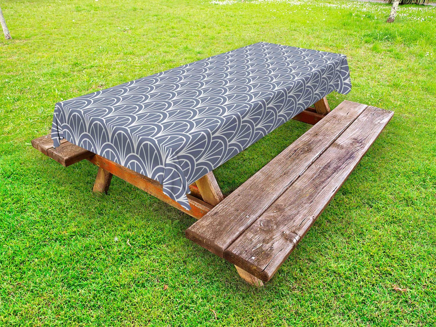 Ambesonne Geometric Outdoor Tablecloth - Monochrome Nautical Theme with Marine Inspired Circles Ocean Design - Waterproof Washable Picnic Table Cover 58x104 Inches Grey White - Perfect for Beach Parties, Backyard BBQs and Outdoor Dining